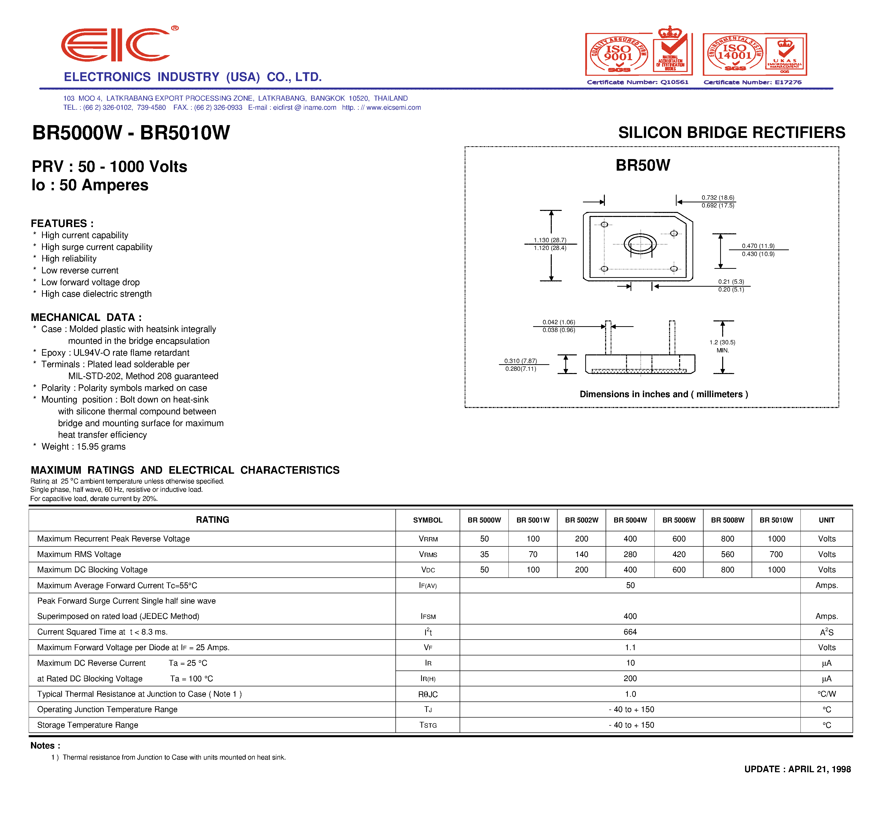 Datasheet BR5001W - SILICON BRIDGE RECTIFIERS page 1