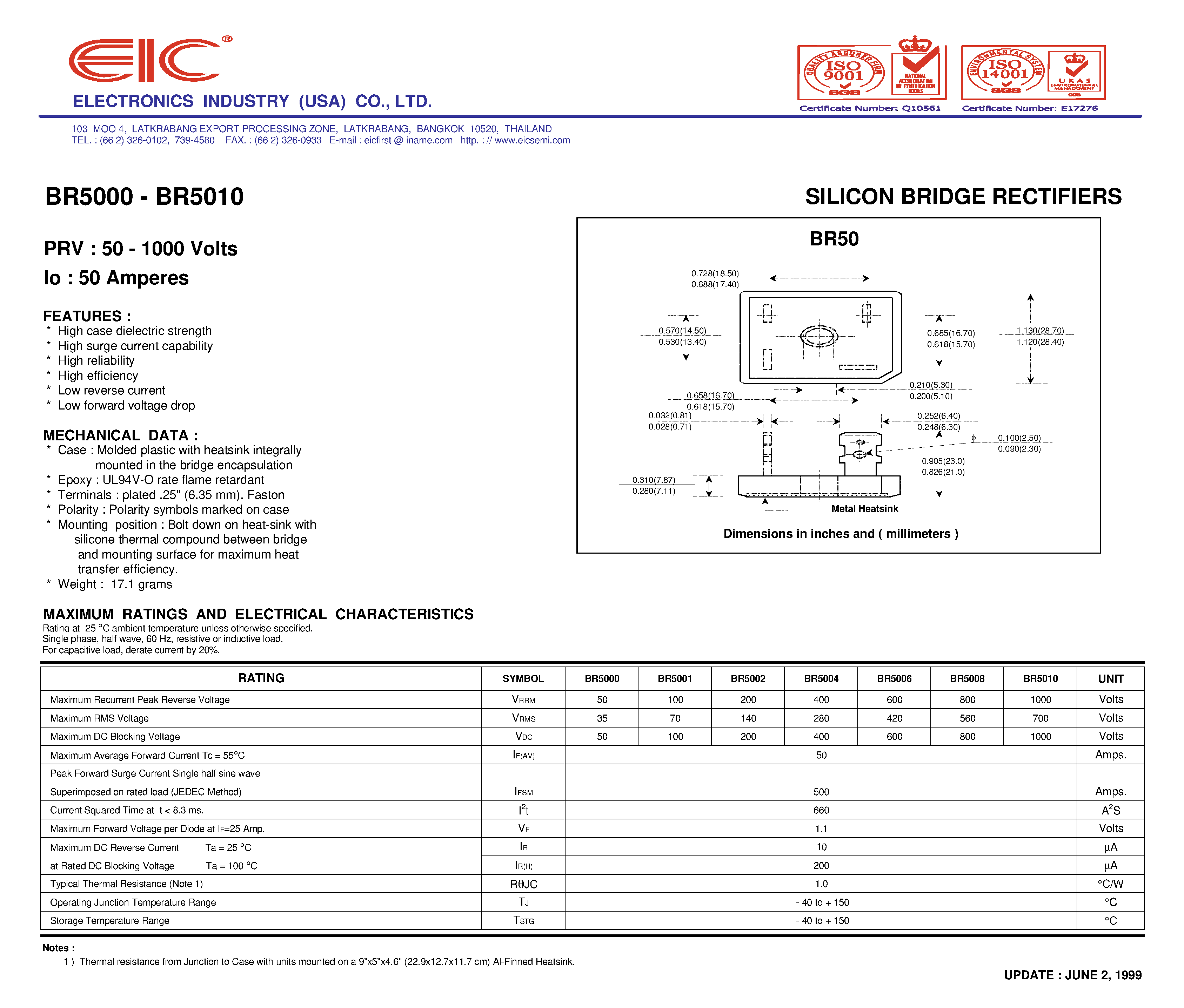 Datasheet BR5002 - SILICON BRIDGE RECTIFIERS page 1