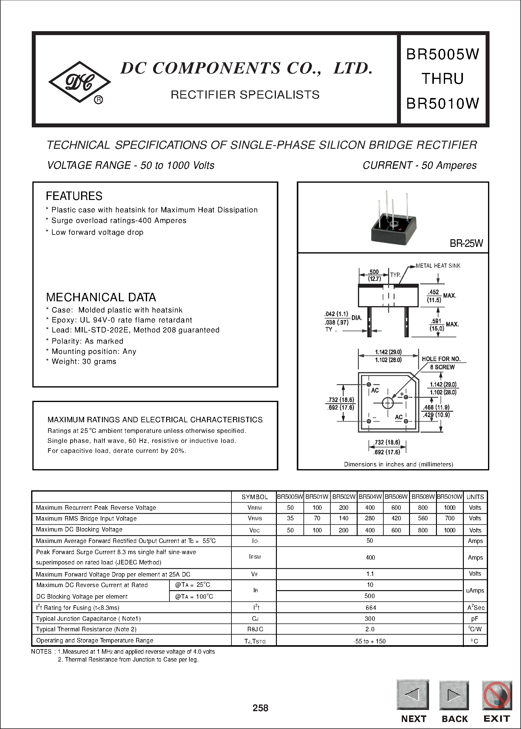 Datasheet BR501W page 1 Datasheet BR501W - TECHNICAL SPECIFICATIONS OF SINGLE-PHASE SILICON BRIDGE RECTIFIER page 1