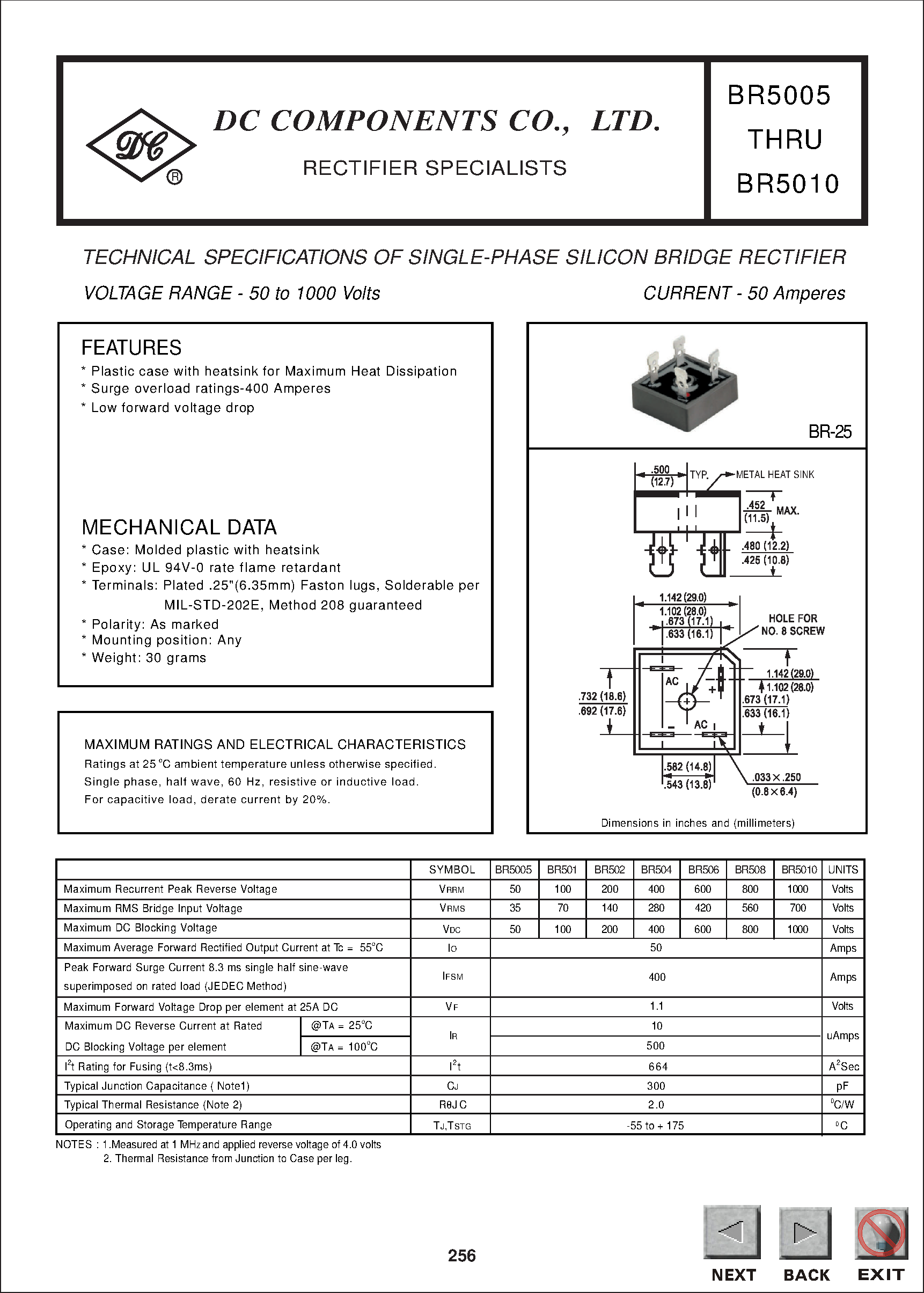 Datasheet BR506 page 1 Datasheet BR506 - TECHNICAL SPECIFICATIONS OF SINGLE-PHASE SILICON BRIDGE RECTIFIER page 1