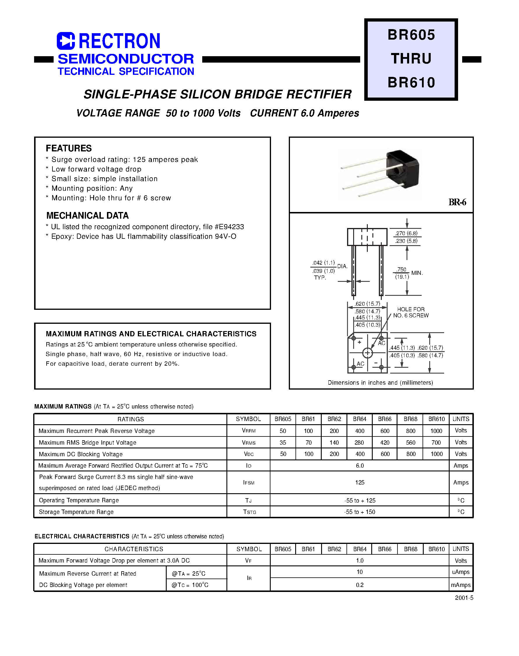 Datasheet BR61 page 1 Datasheet BR61 - SINGLE-PHASE SILICON BRIDGE RECTIFIER page 1
