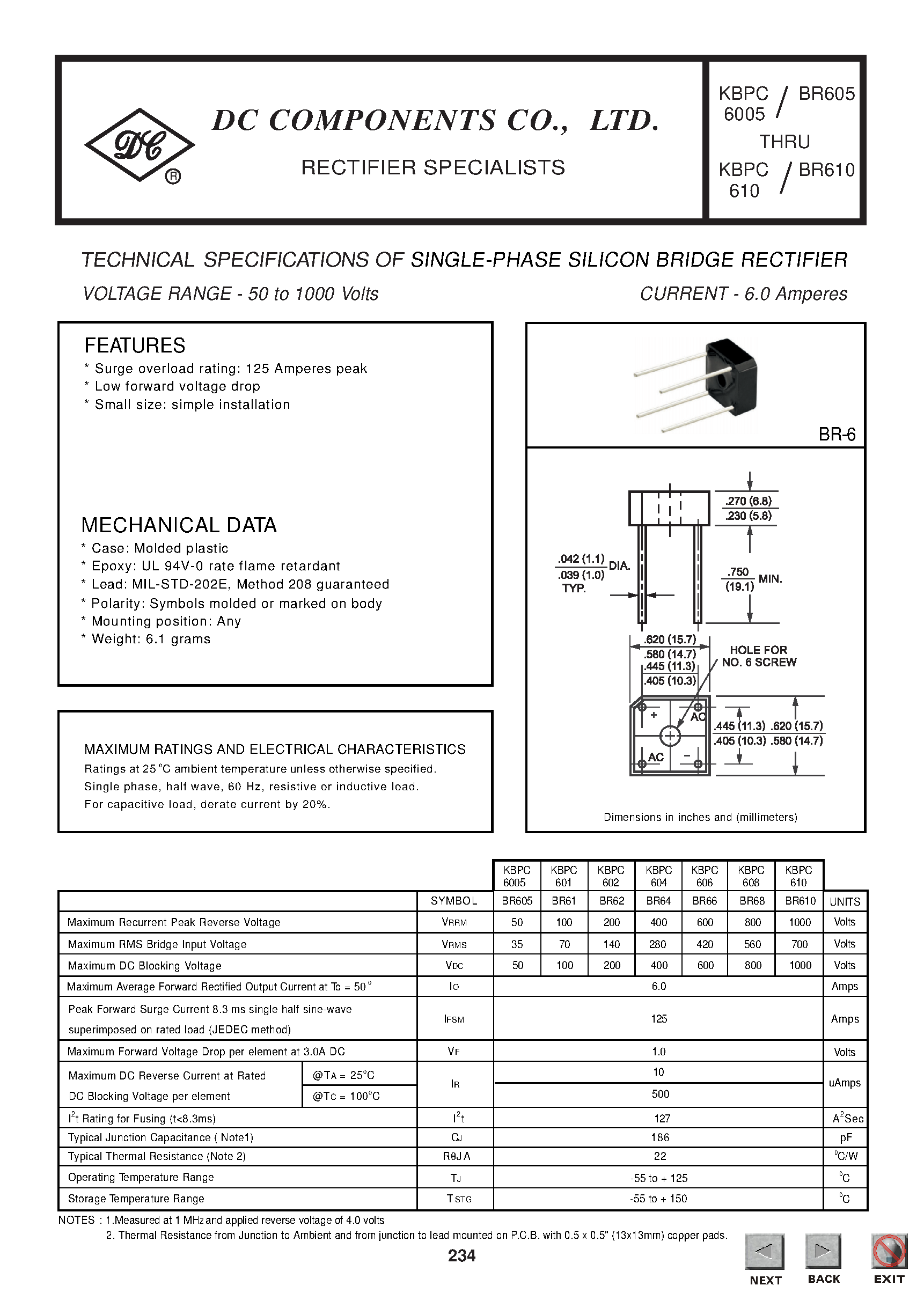 Datasheet BR61 page 1 Datasheet BR61 - TECHNICAL SPECIFICATIONS OF SINGLE-PHASE SILICON BRIDGE RECTIFIER page 1