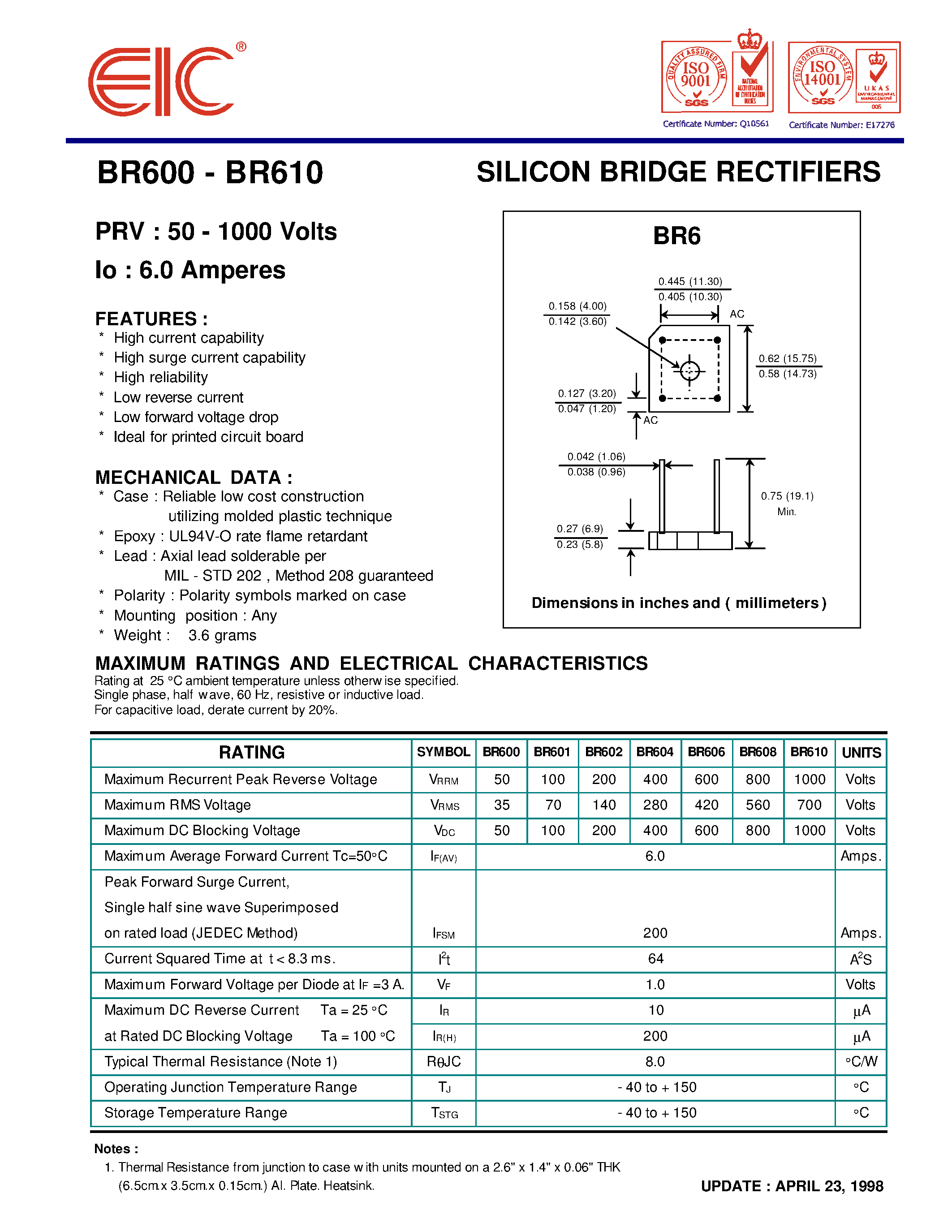Datasheet BR610 page 1 Datasheet BR610 - SILICON BRIDGE RECTIFIERS page 1