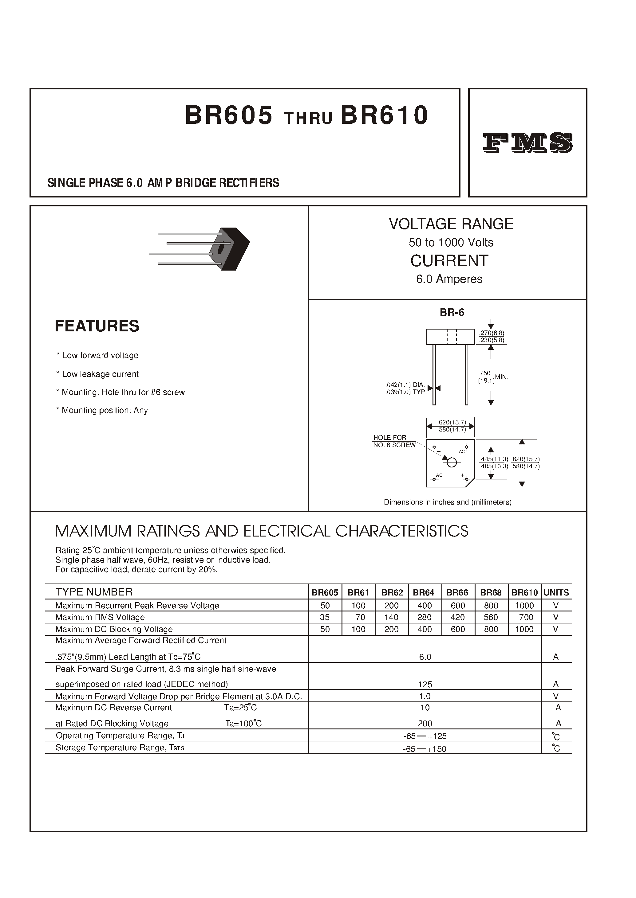 Datasheet BR64 - SINGLE PHASE 6.0 AMP BRIDGE RECTIFIERS page 1