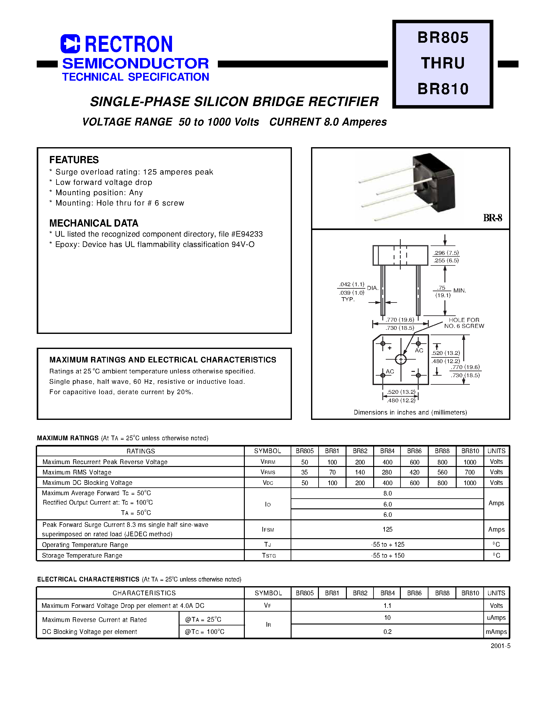 Datasheet BR805 page 1 Datasheet BR805 - SINGLE-PHASE SILICON BRIDGE RECTIFIER page 1