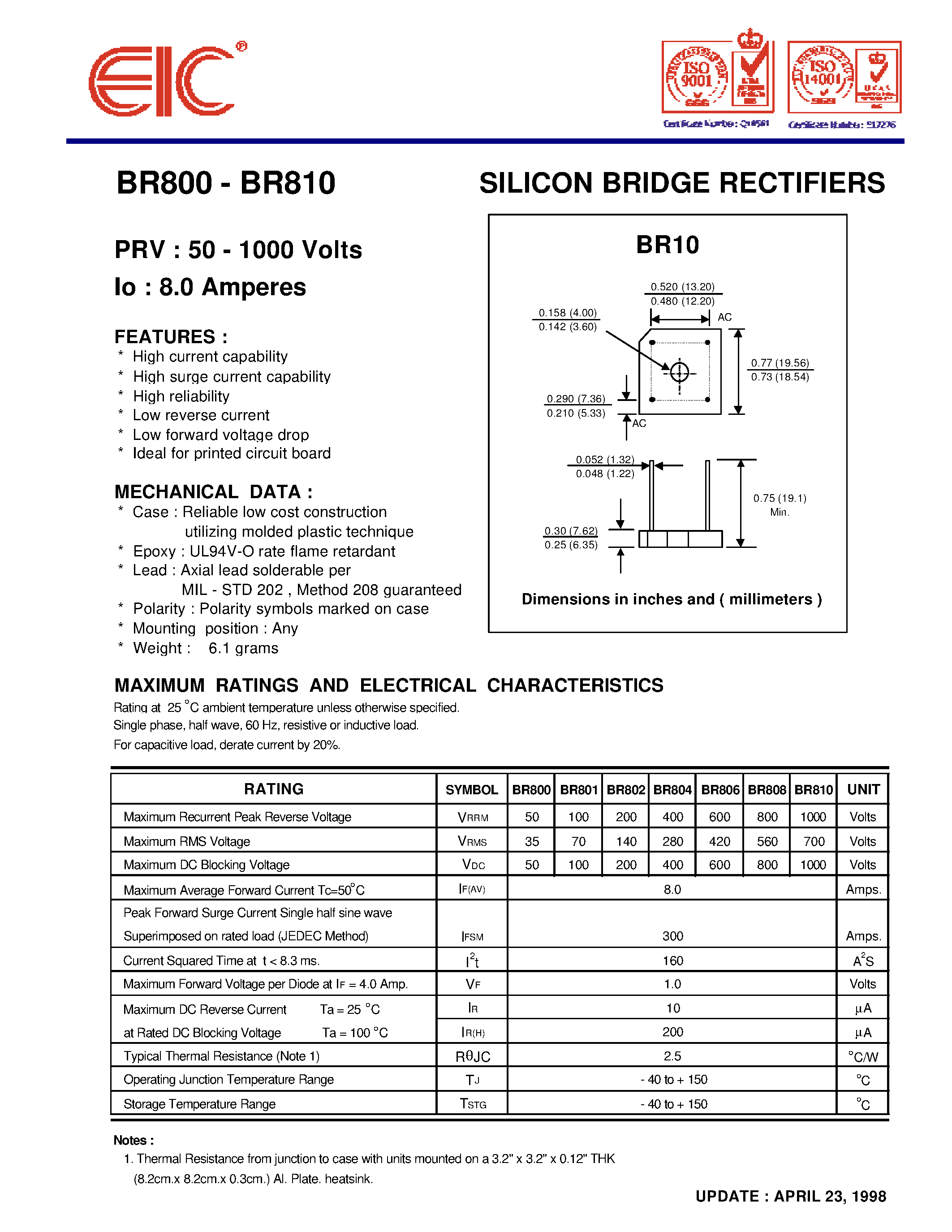 Datasheet BR808 page 1 Datasheet BR808 - SILICON BRIDGE RECTIFIERS page 1