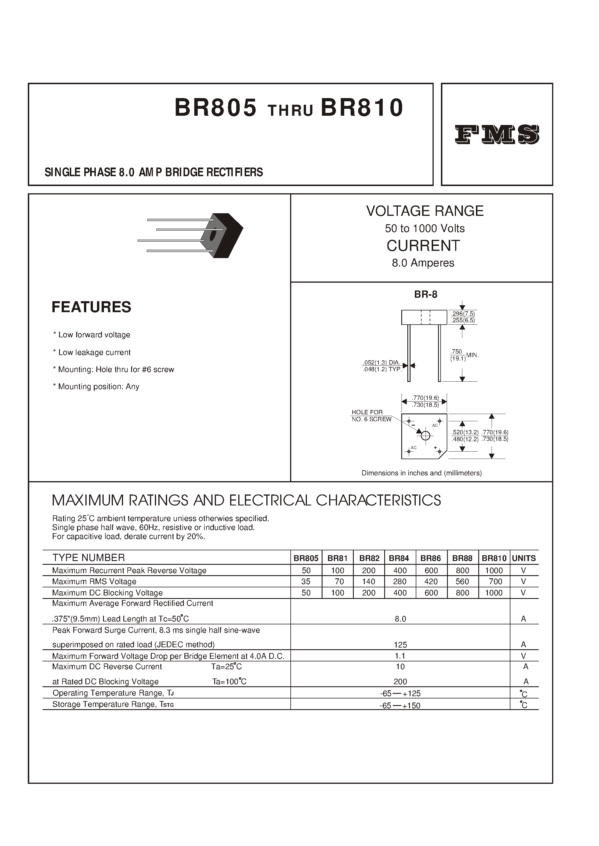 Datasheet BR81 page 1 Datasheet BR81 - SINGLE PHASE 8.0 AMP BRIDGE RECTIFIERS page 1