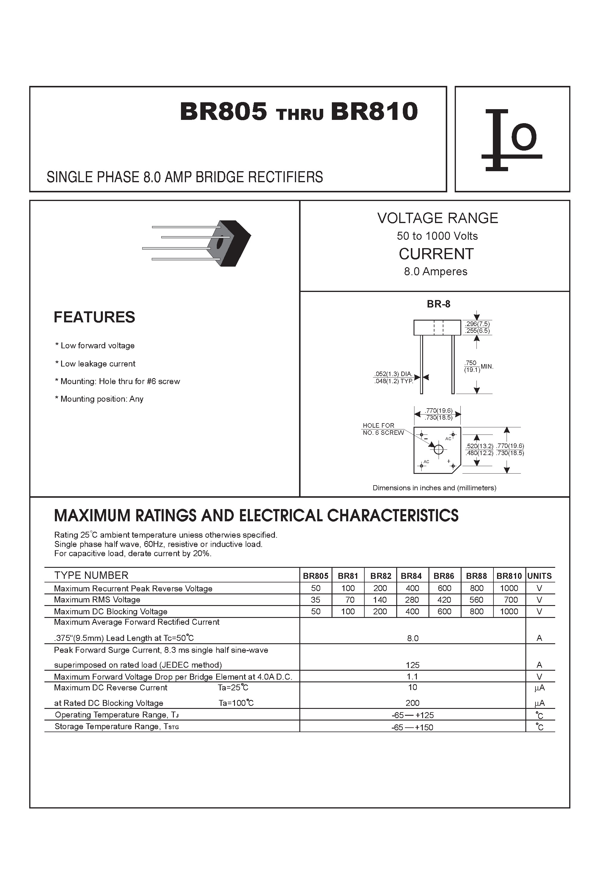 Datasheet BR810 - SINGLE PHASE 8.0 AMP BRIDGE RECTIFIERS page 1