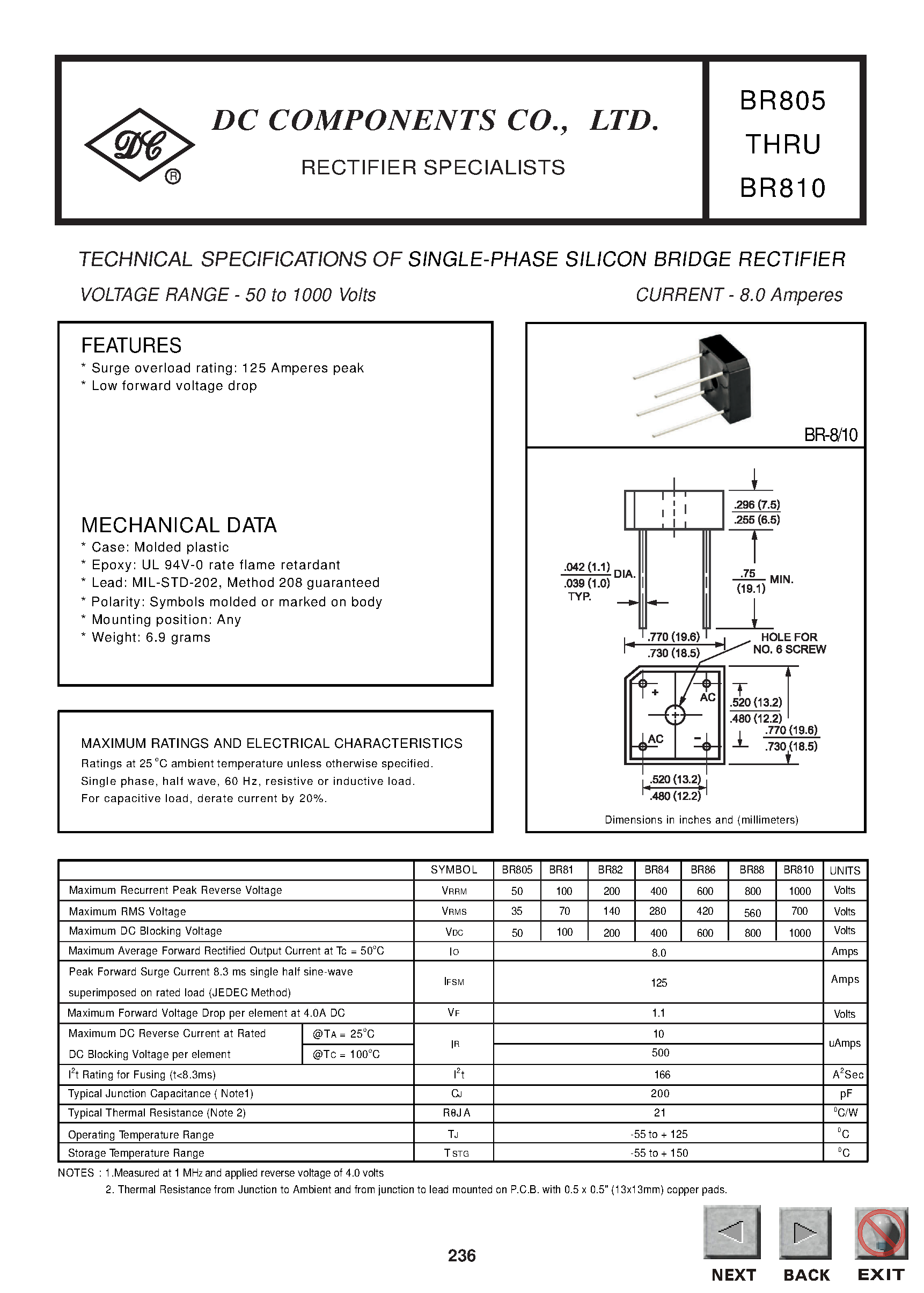 Datasheet BR84 page 1 Datasheet BR84 - TECHNICAL SPECIFICATIONS OF SINGLE-PHASE SILICON BRIDGE RECTIFIER page 1