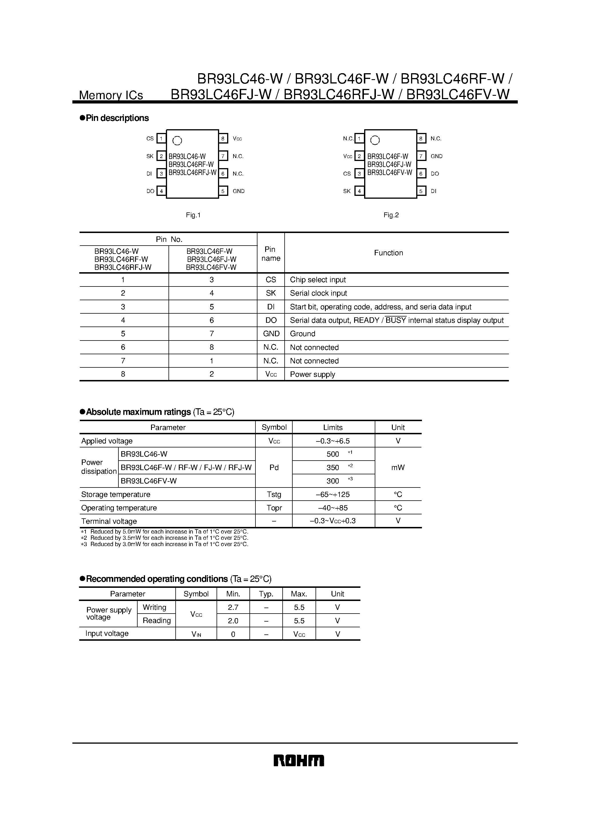 Datasheet BR93LC46F-W page 2 Datasheet BR93LC46F-W - 6416bits serial EEPROM page 2