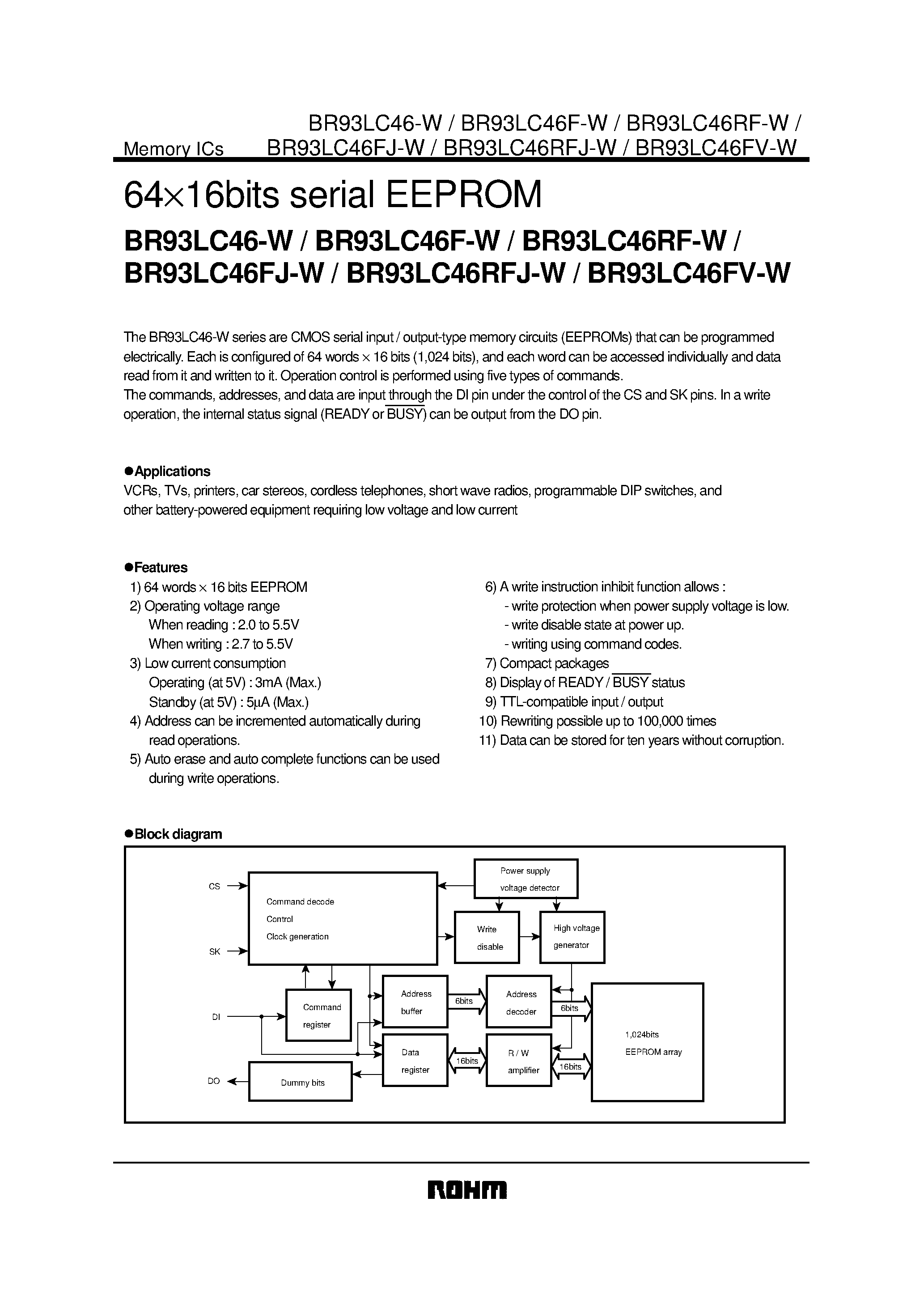 Datasheet BR93LC46RFJ-W page 1 Datasheet BR93LC46RFJ-W - 6416bits serial EEPROM page 1