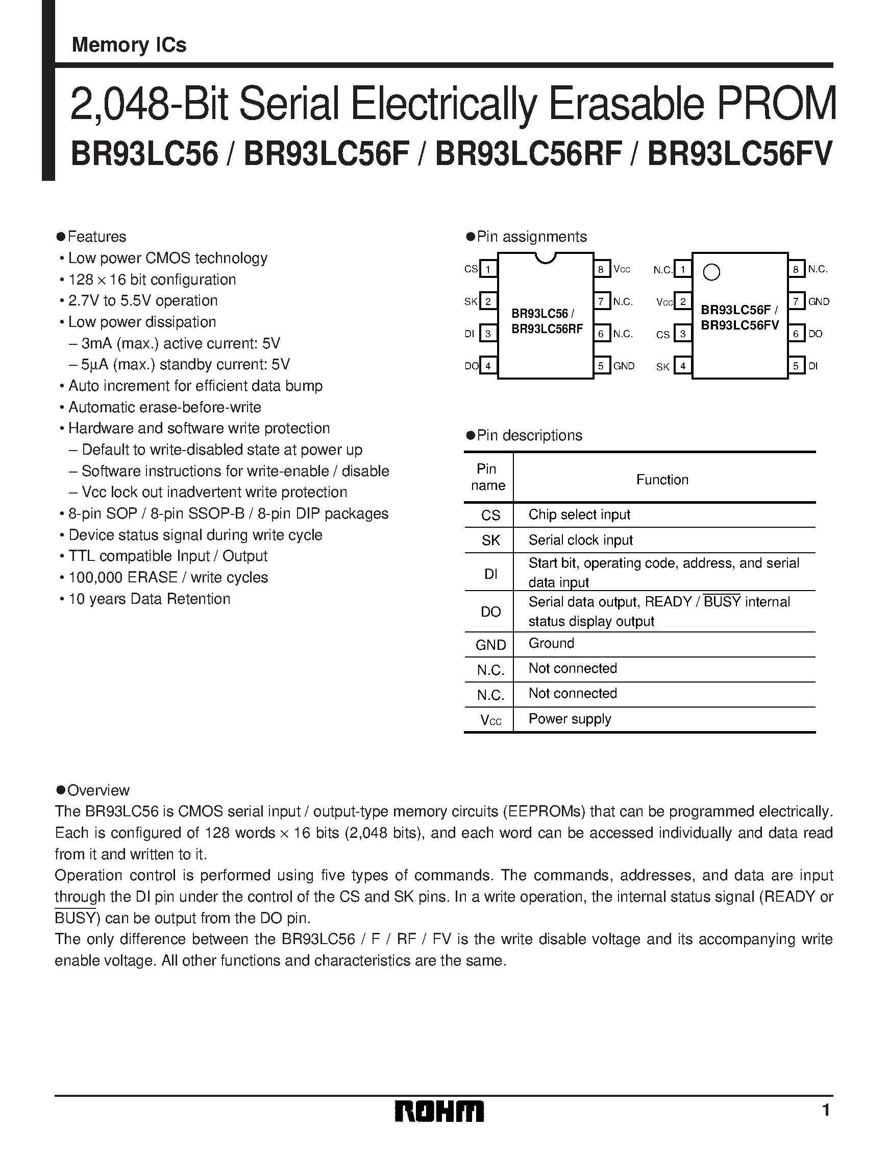 Даташит на микросхему BR93LC56RF страница 1 Даташит BR93LC56RF - 2/048-Bit Serial Electrically Erasable PROM страница 1