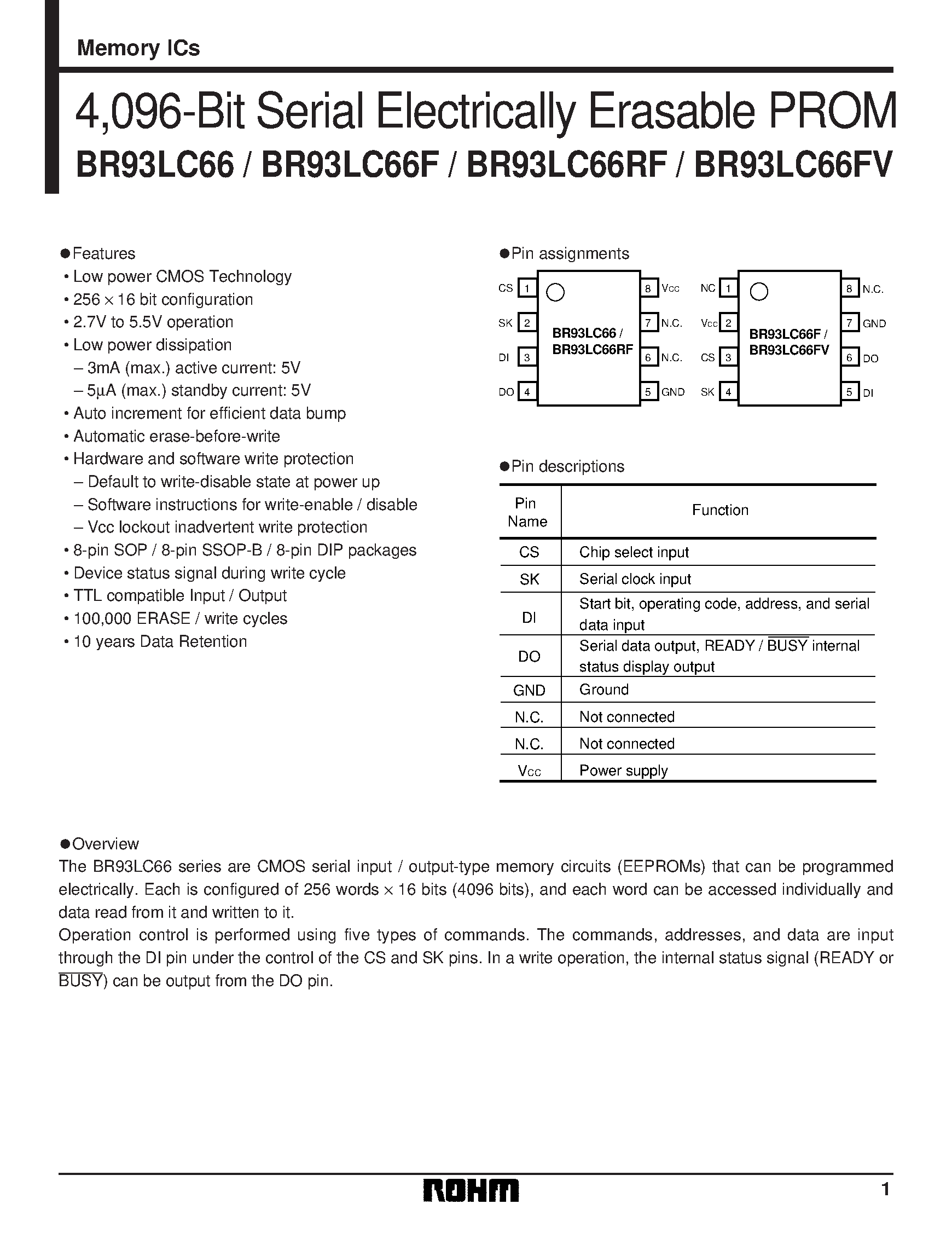 Datasheet BR93LC66F - 4/096-Bit Serial Electrically Erasable PROM page 1