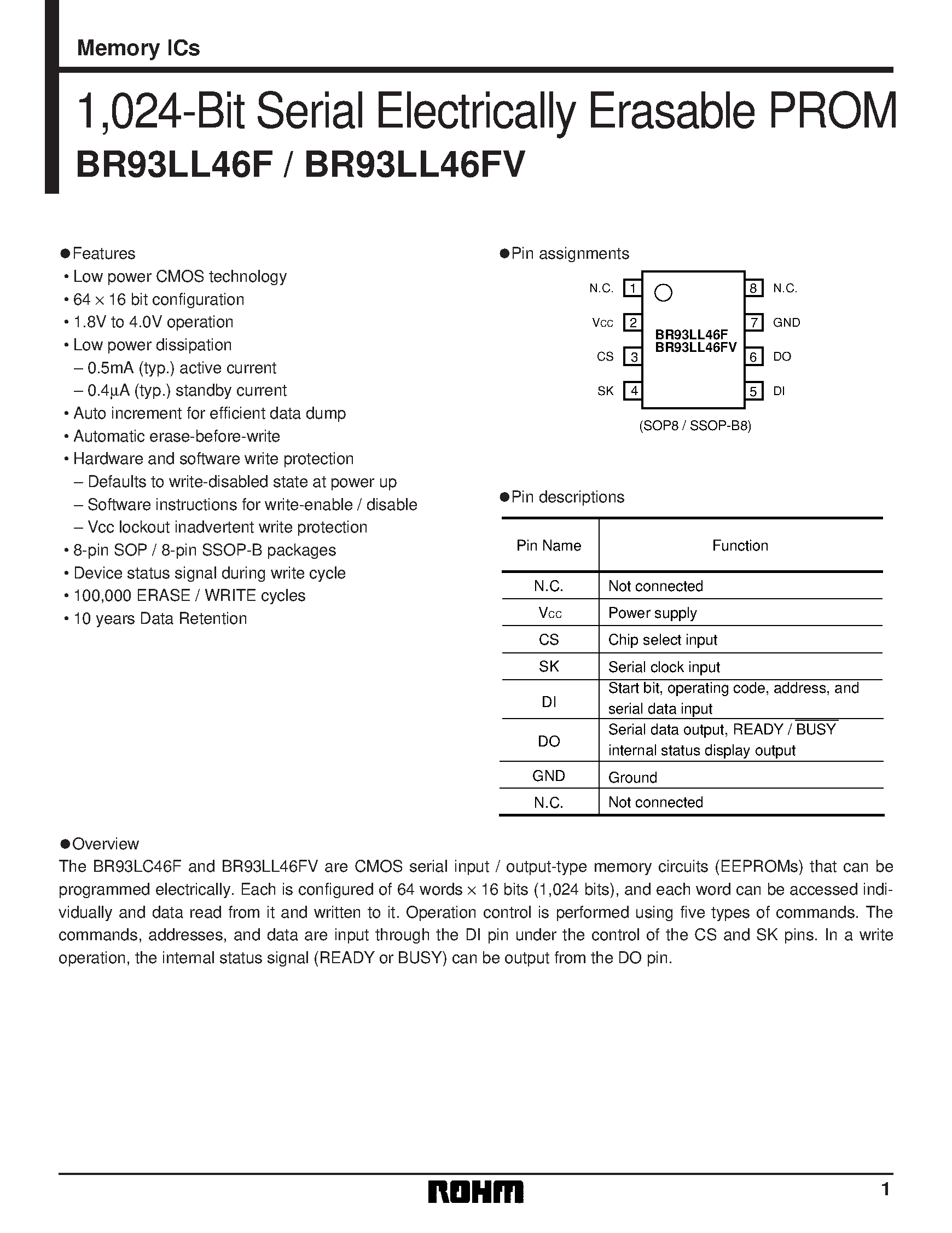 Даташит BR93LL46FV - 1/024-Bit Serial Electrically Erasable PROM страница 1