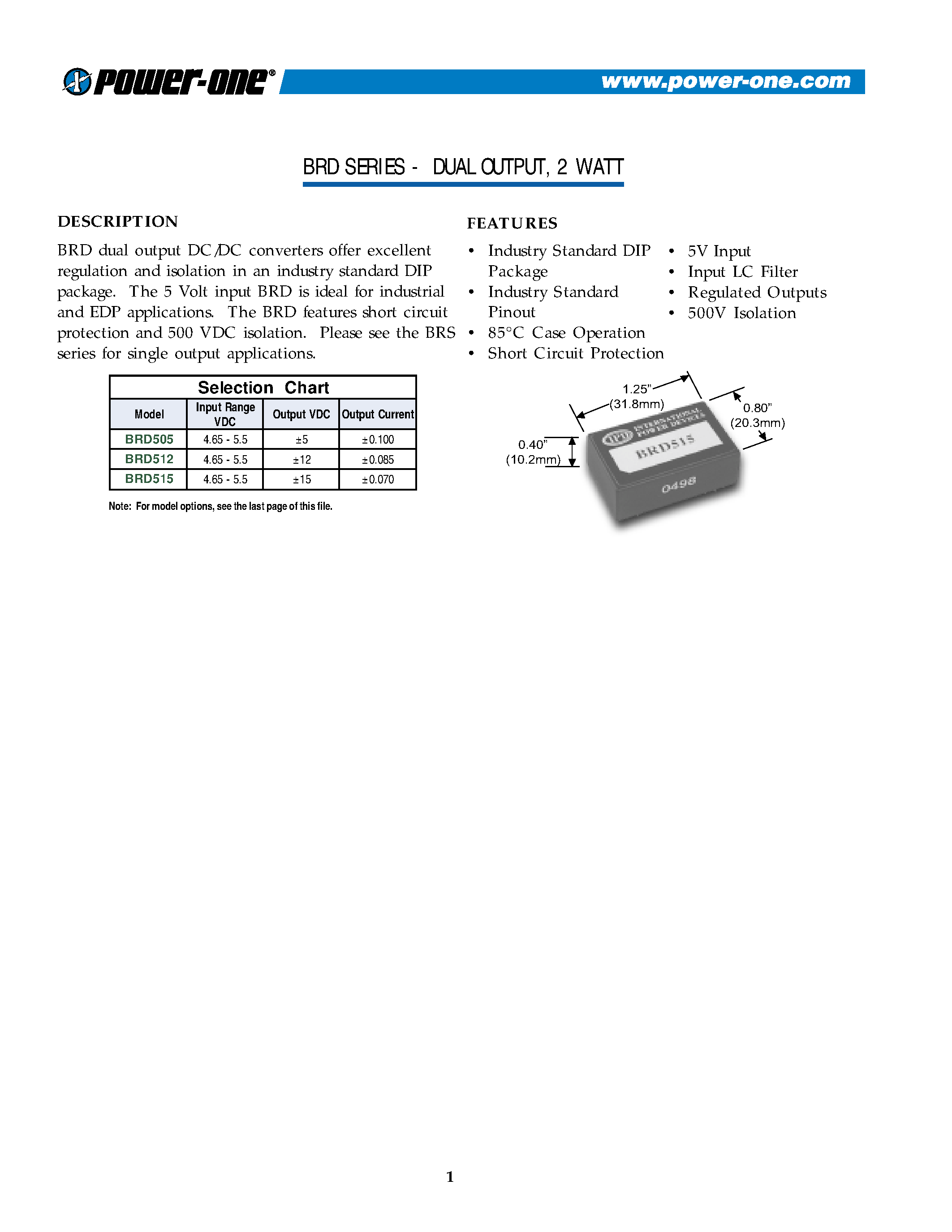 Даташит на микросхему BRD512 страница 1 Даташит BRD512 - DUAL OUTPUT/ 2 WATT страница 1