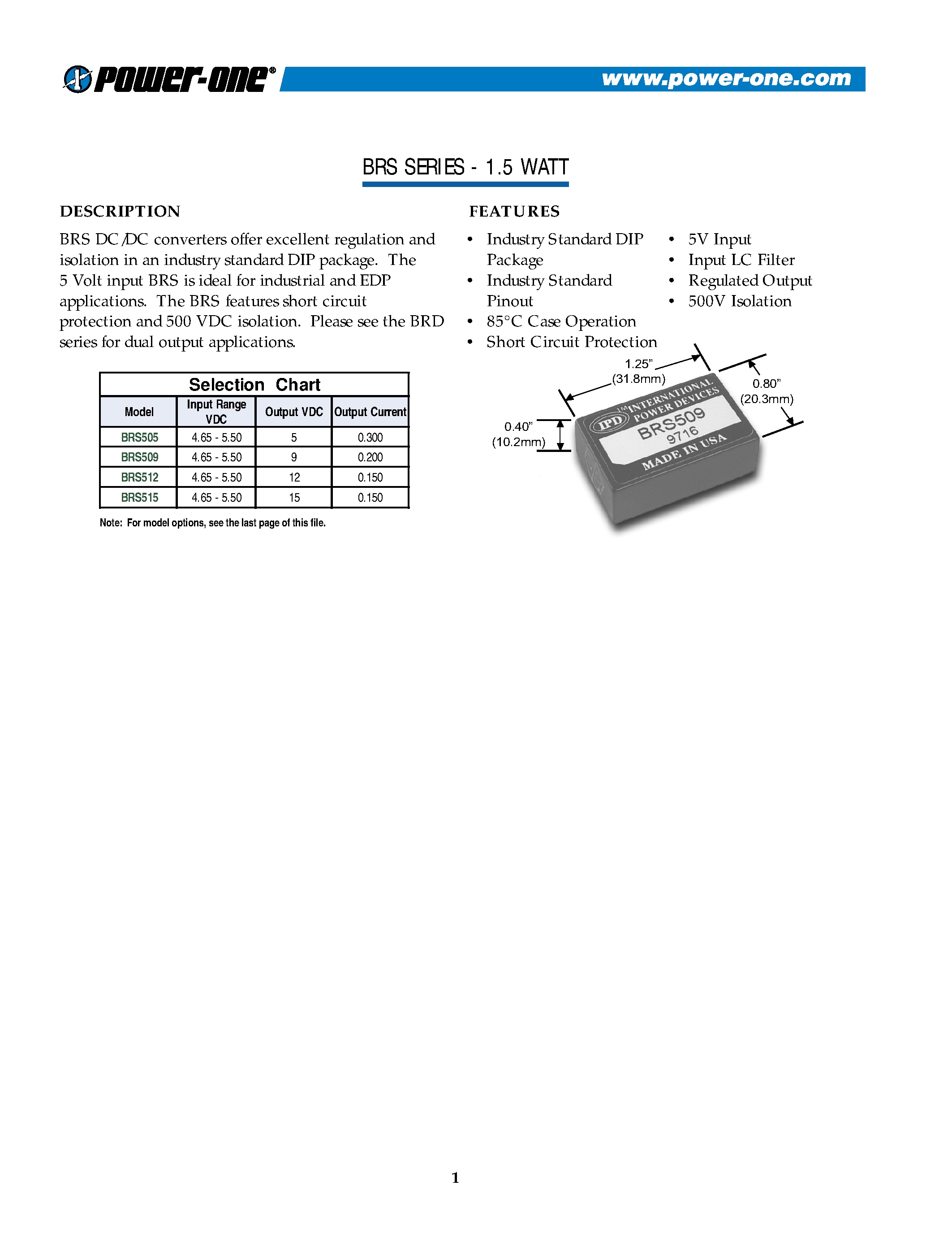 Datasheet BRS509 - BRS DC/DC converters(1.5 WATT) page 1