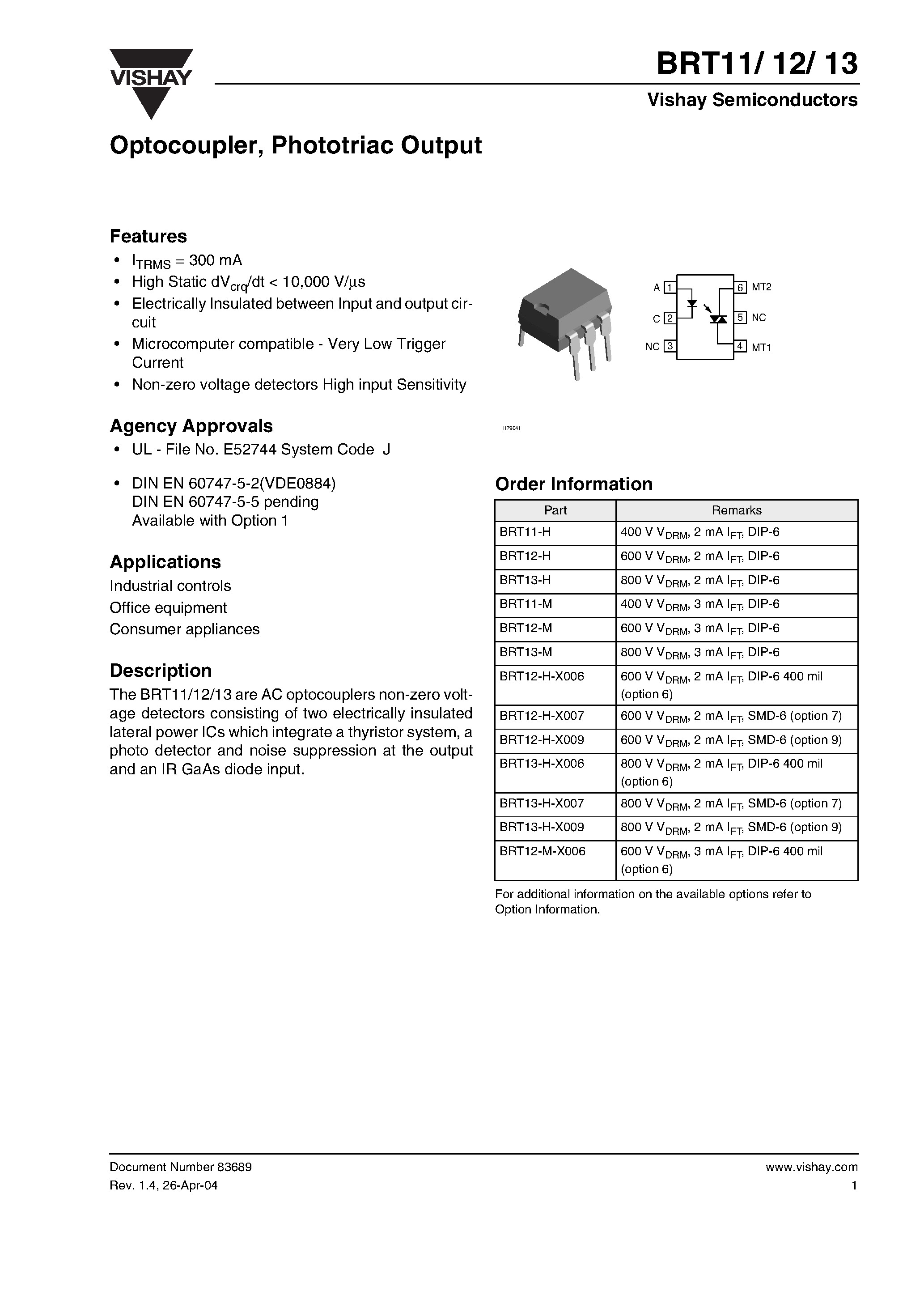Даташит BRT12-H-X006 - Optocoupler/ Phototriac Output страница 1