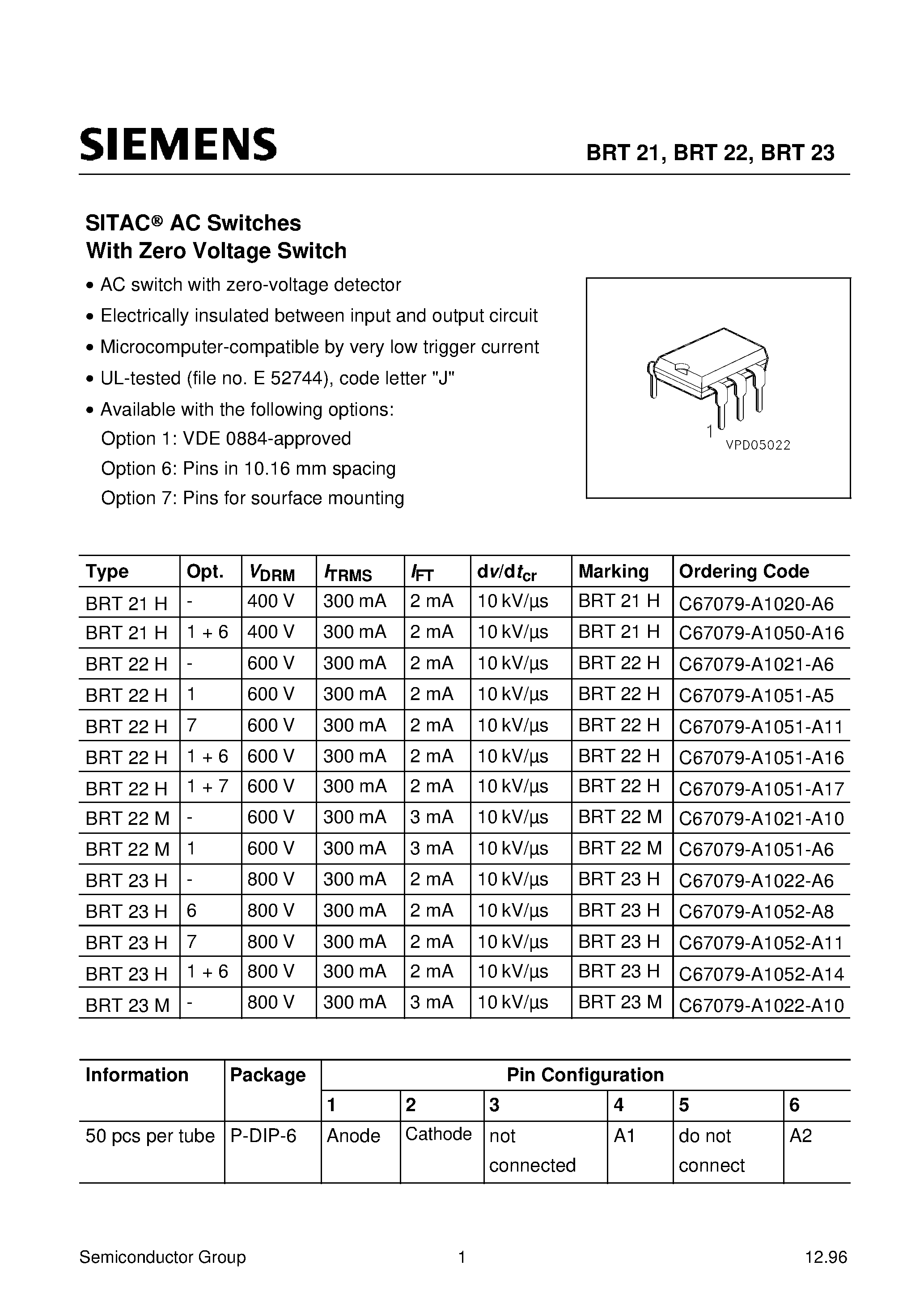 Datasheet BRT21 - SITACO AC Switches Without Zero Voltage Switch With Zero Voltage Switch page 1