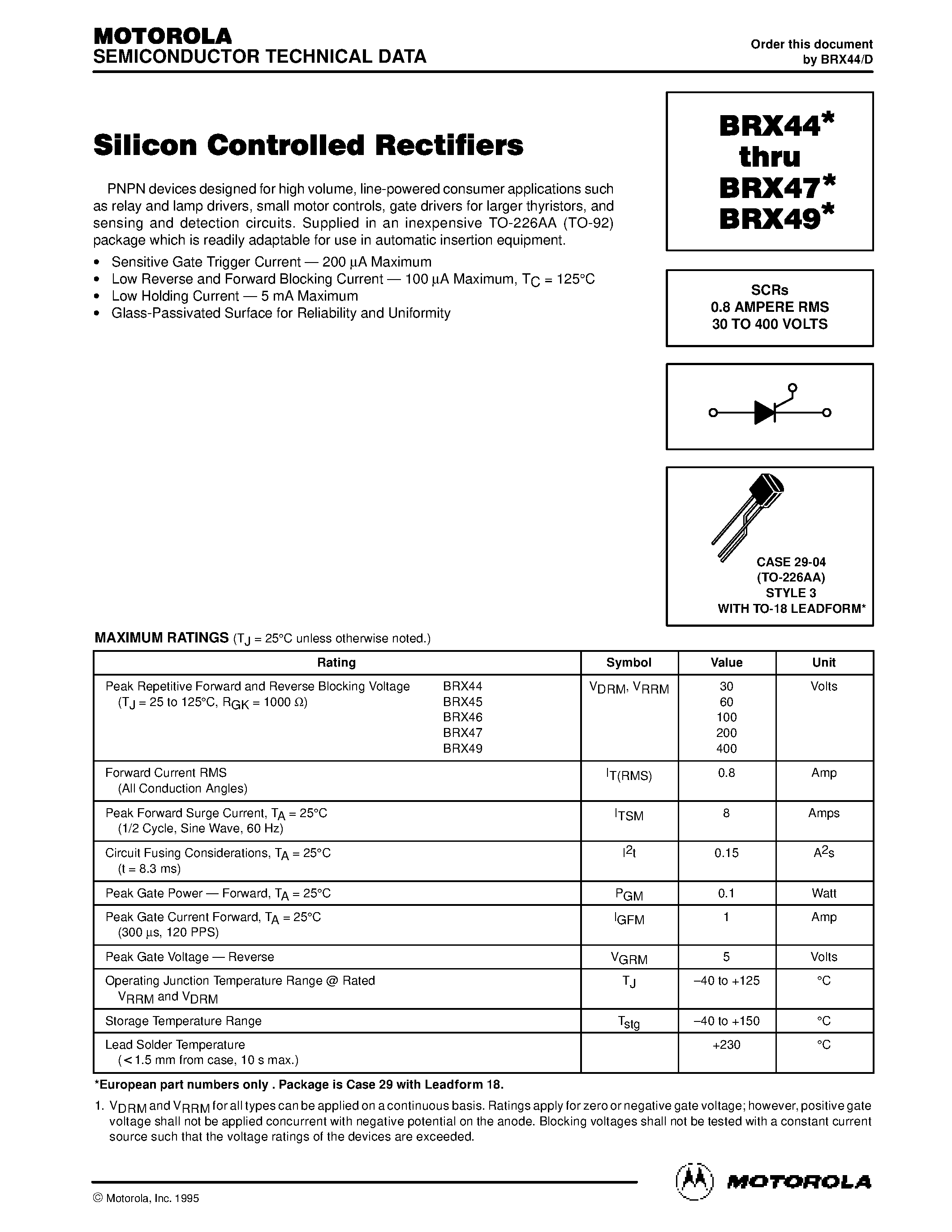 Datasheet BRX44 page 1 Datasheet BRX44 - SCRs 0.8 AMPERE RMS 30 TO 400 VOLTS page 1