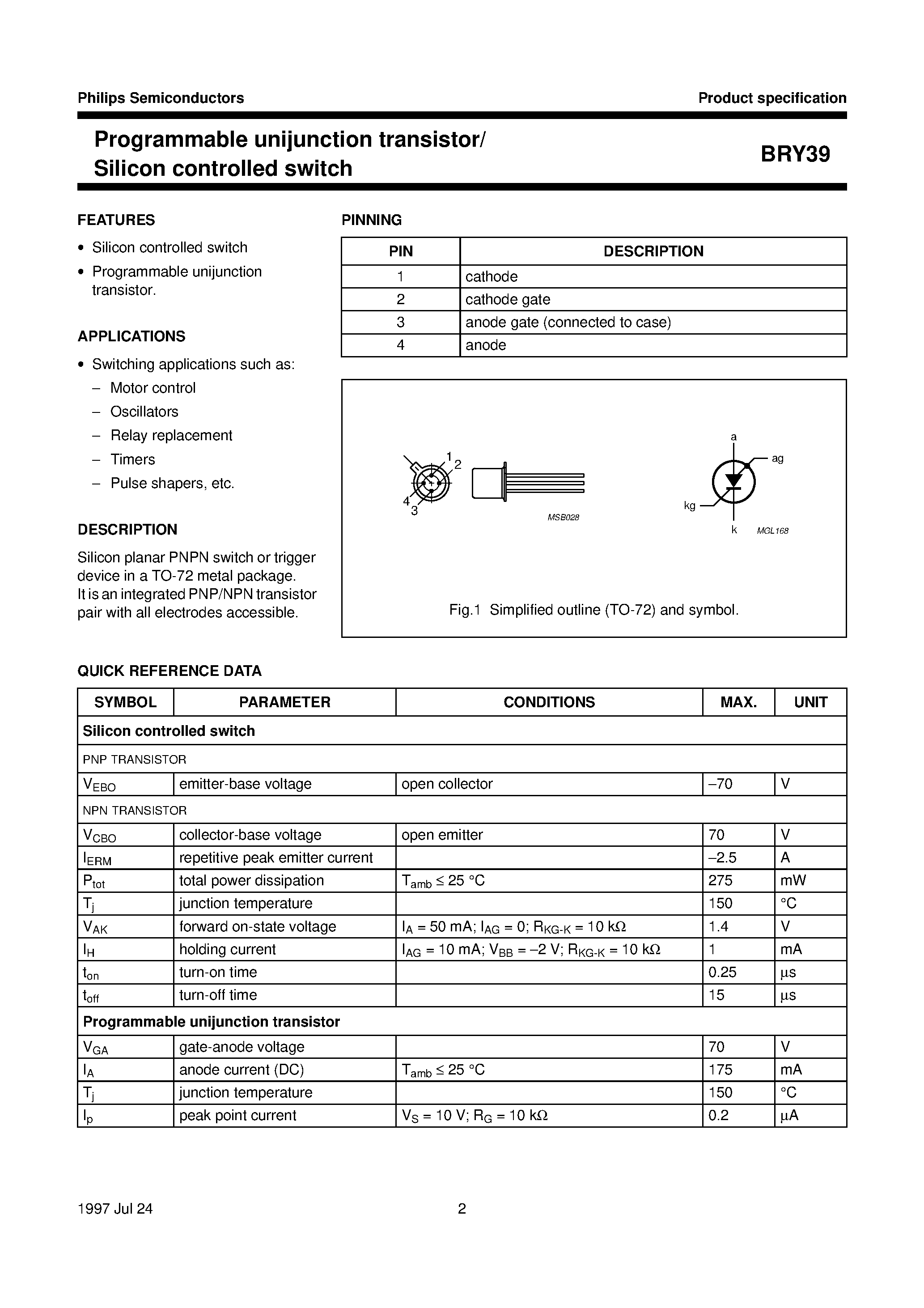 Даташит на микросхему BRY39 страница 2 Даташит BRY39 - Programmable unijunction transistor/ Silicon controlled switch страница 2
