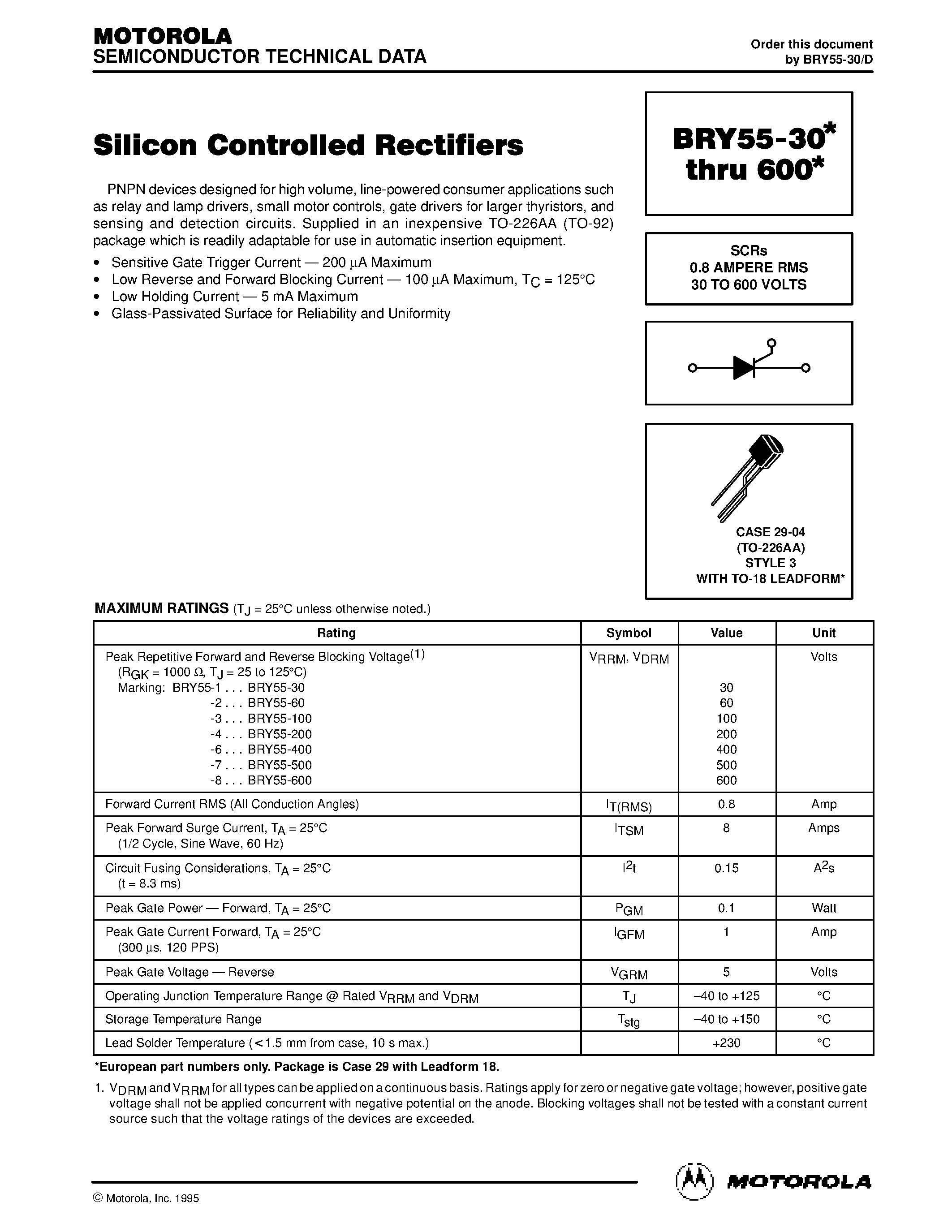 Datasheet BRY55-600 page 1 Datasheet BRY55-600 - SCRs 0.8 AMPERE RMS 30 TO 600 VOLTS page 1