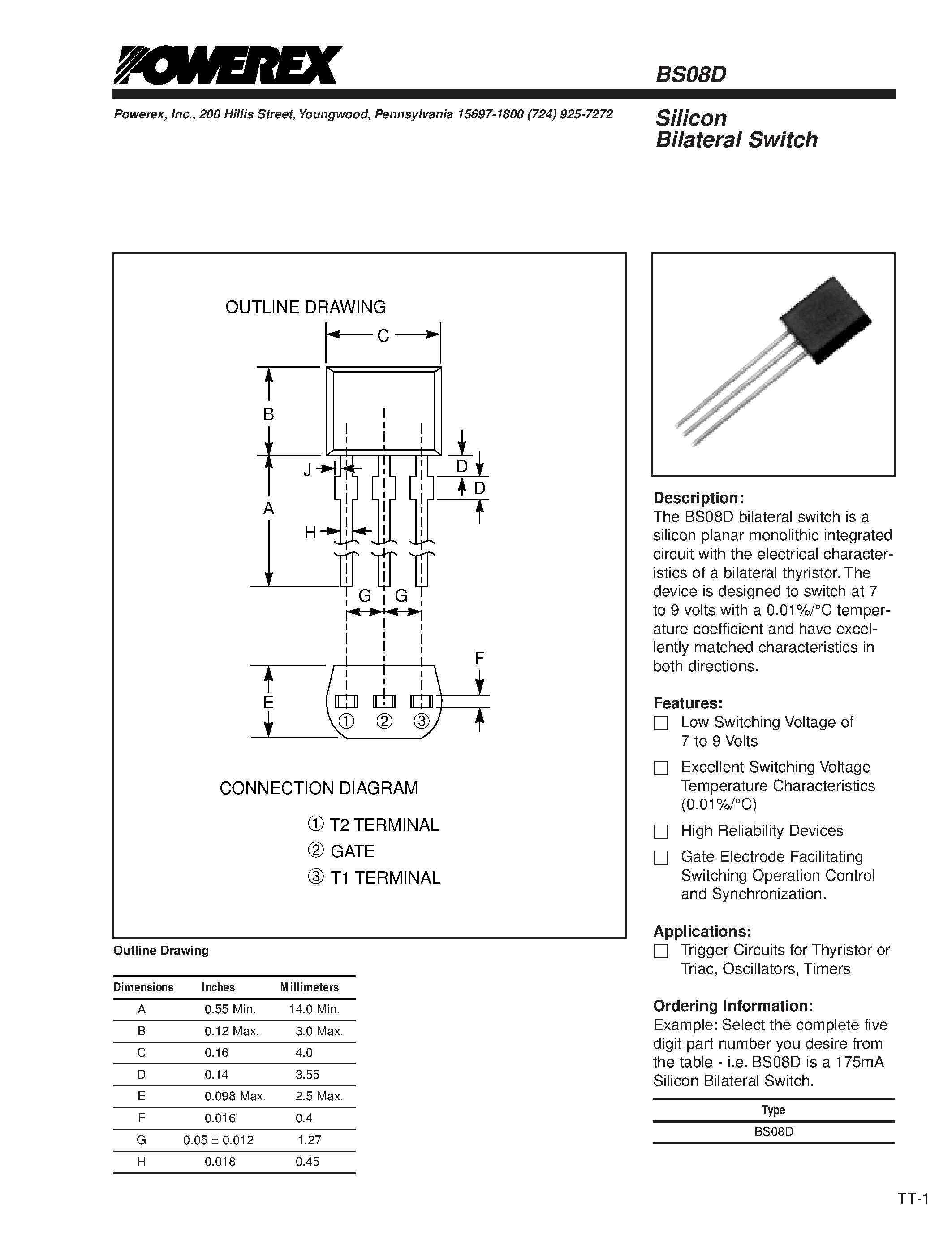 Даташит на микросхему BS08 страница 1 Даташит BS08 - Silicon Bilateral Switch страница 1