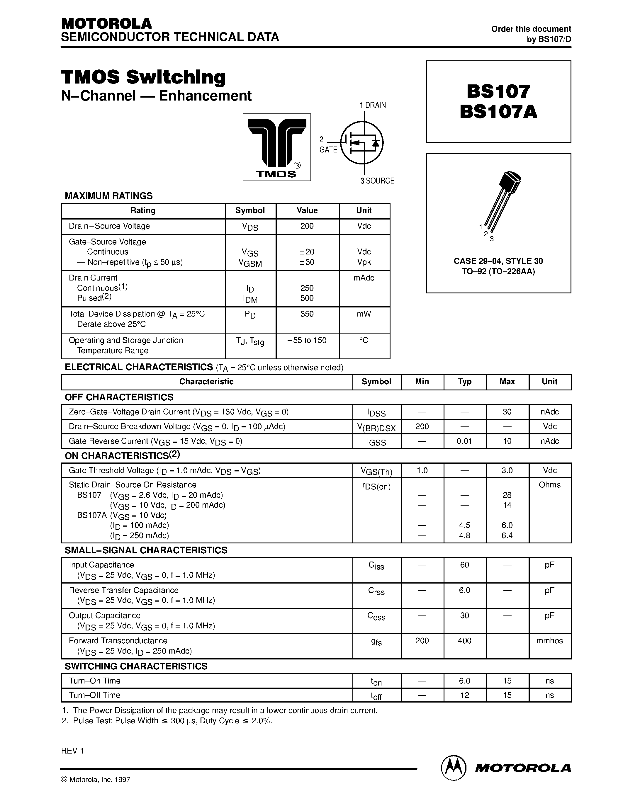 Datasheet BS107 - TMOS Switching(N-Channel-Enhancement) page 1