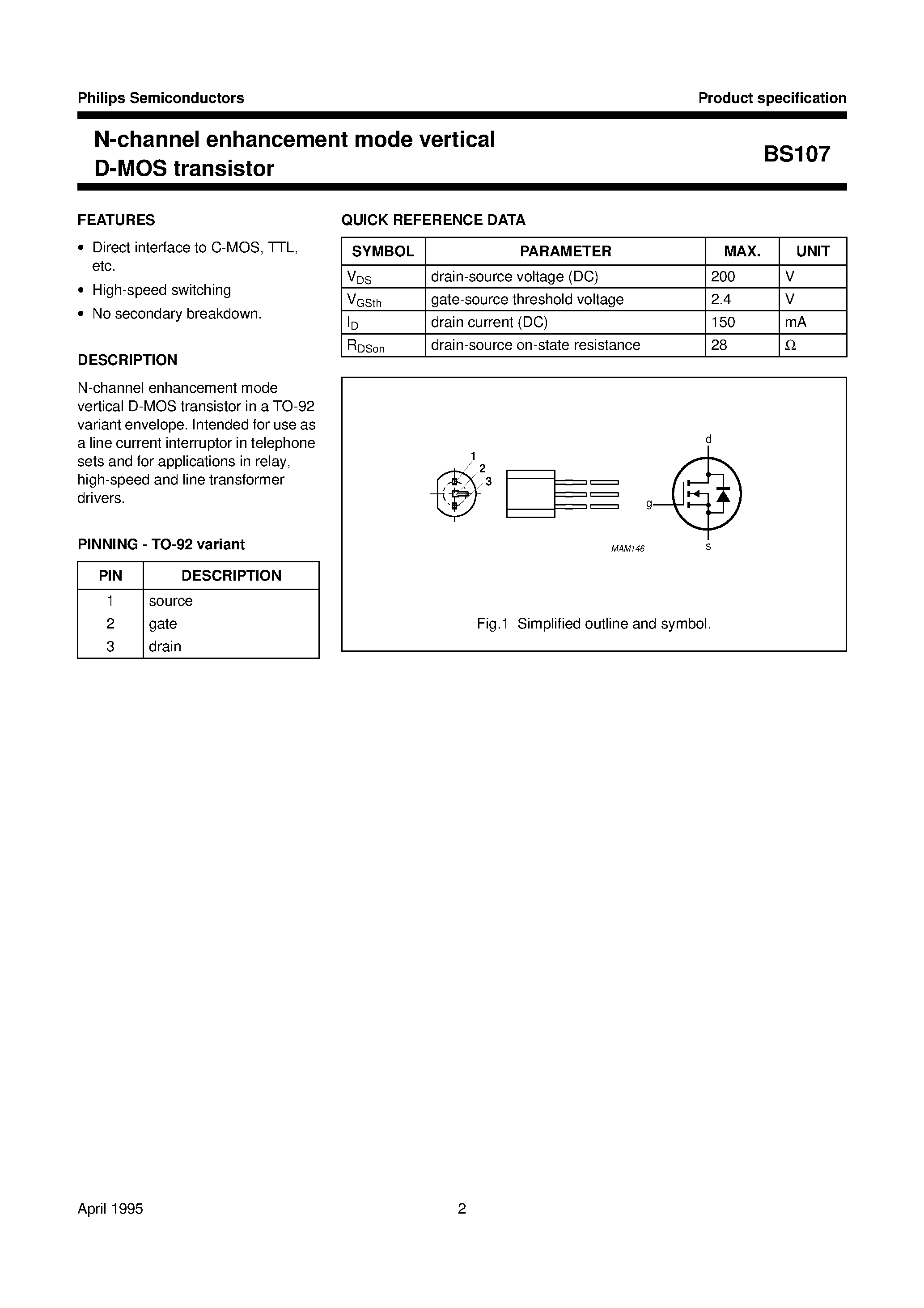 Даташит на микросхему BS107 страница 2 Даташит BS107 - N-channel enhancement mode vertical D-MOS transistor страница 2