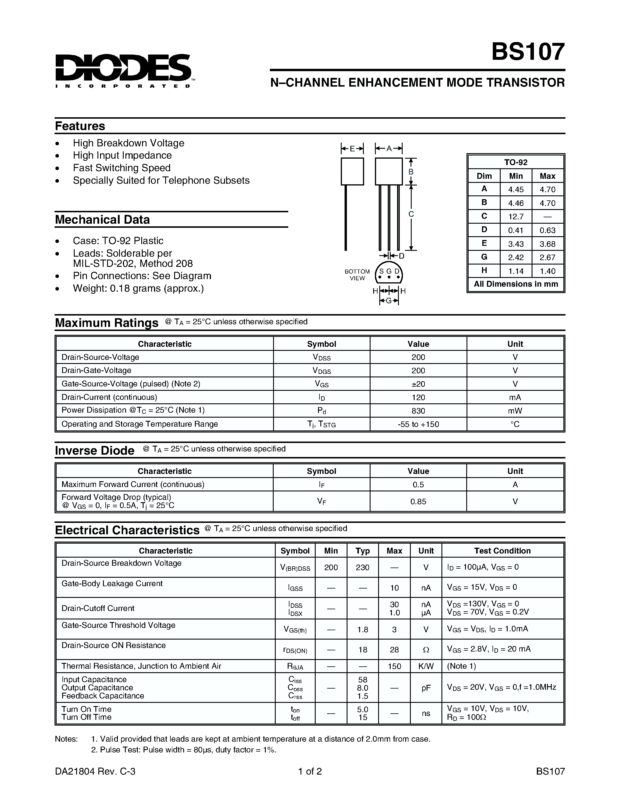 Datasheet BS107 - N-CHANNEL ENHANCEMENT MODE TRANSISTOR page 1
