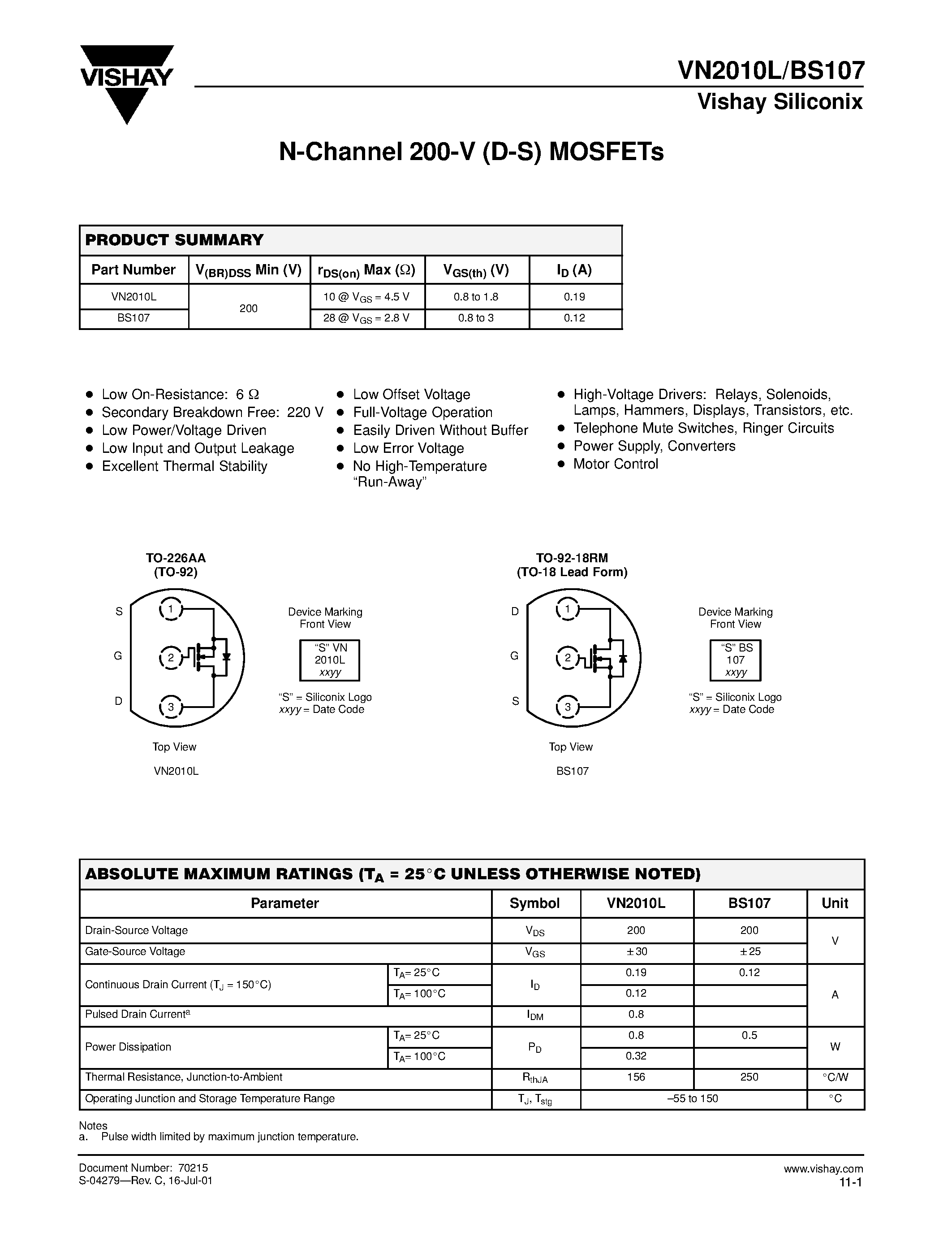 Datasheet BS107 - N-Channel 200-V (D-S) MOSFETs page 1