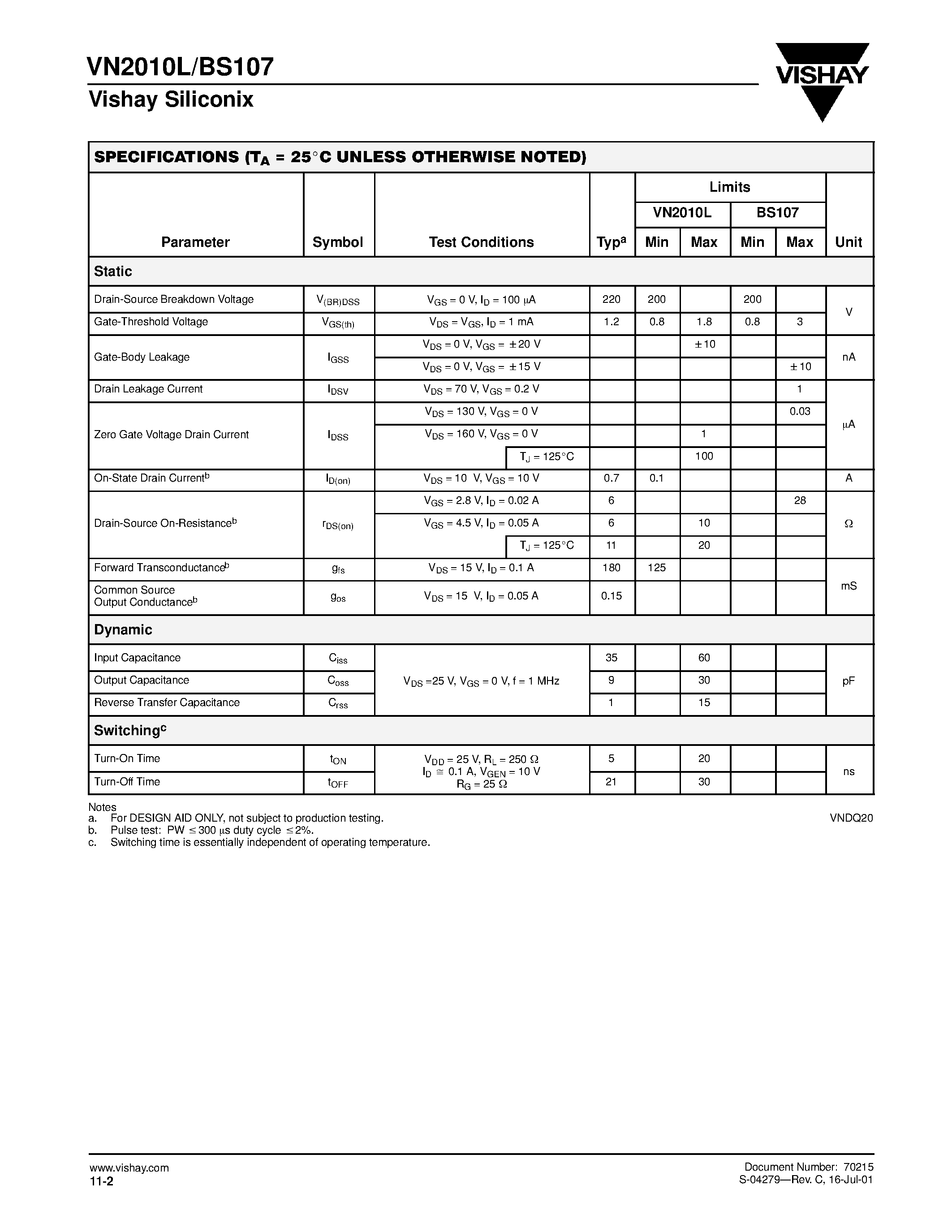 Datasheet BS107 - N-Channel 200-V (D-S) MOSFETs page 2