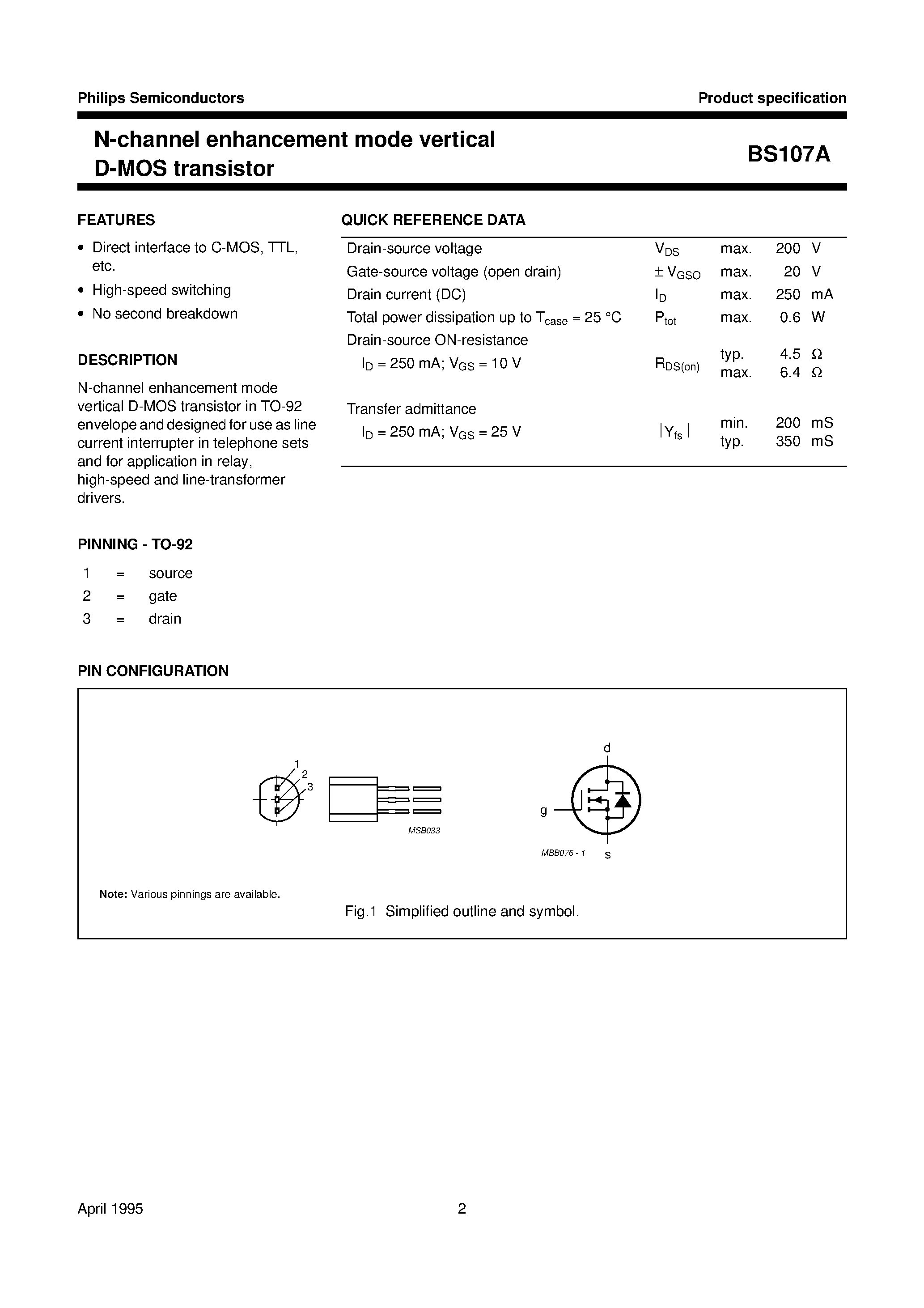 Даташит на микросхему BS107A страница 2 Даташит BS107A - N-channel enhancement mode vertical D-MOS transistor страница 2