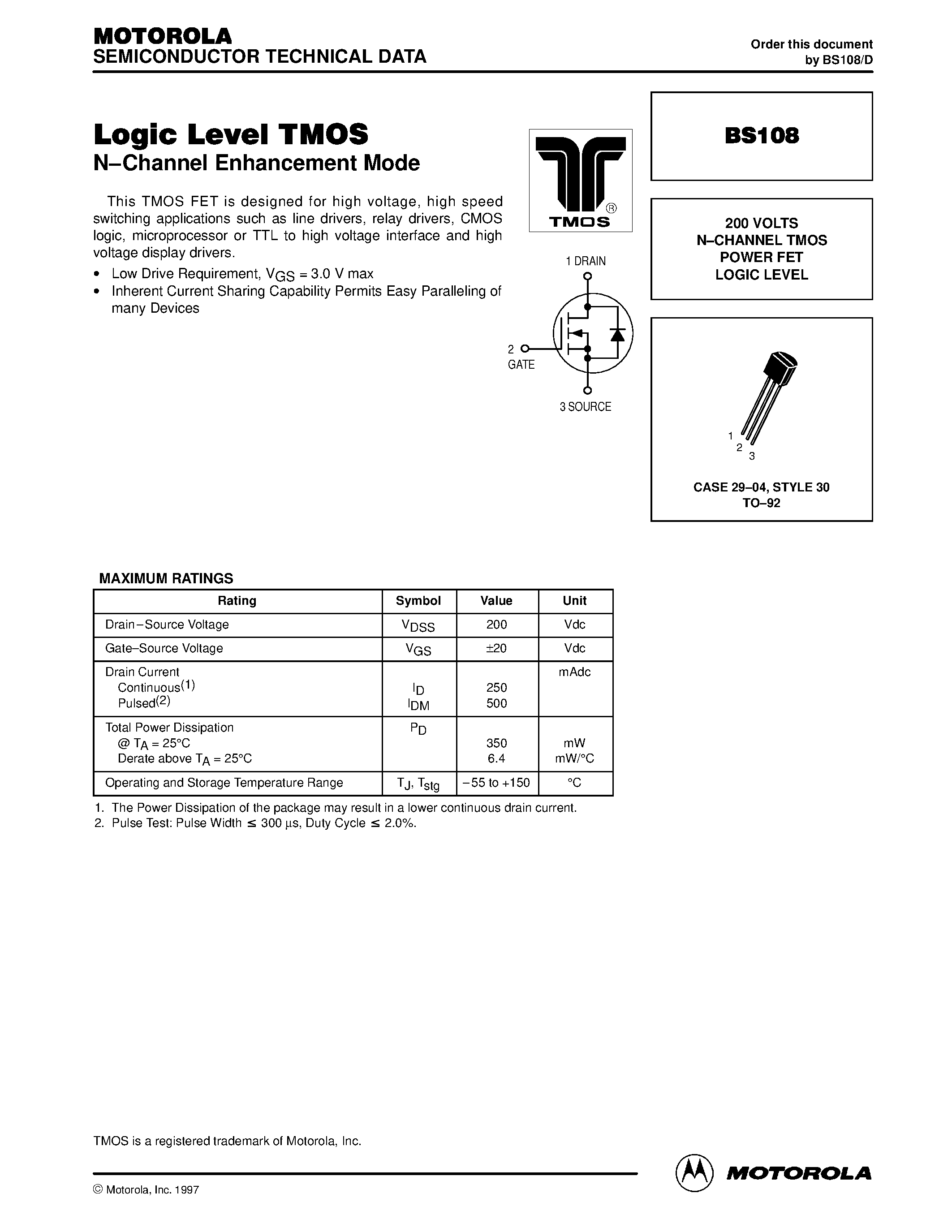 Datasheet BS108 - 200 VOLTS N-CHANNEL TMOS POWER FET LOGIC LEVEL page 1