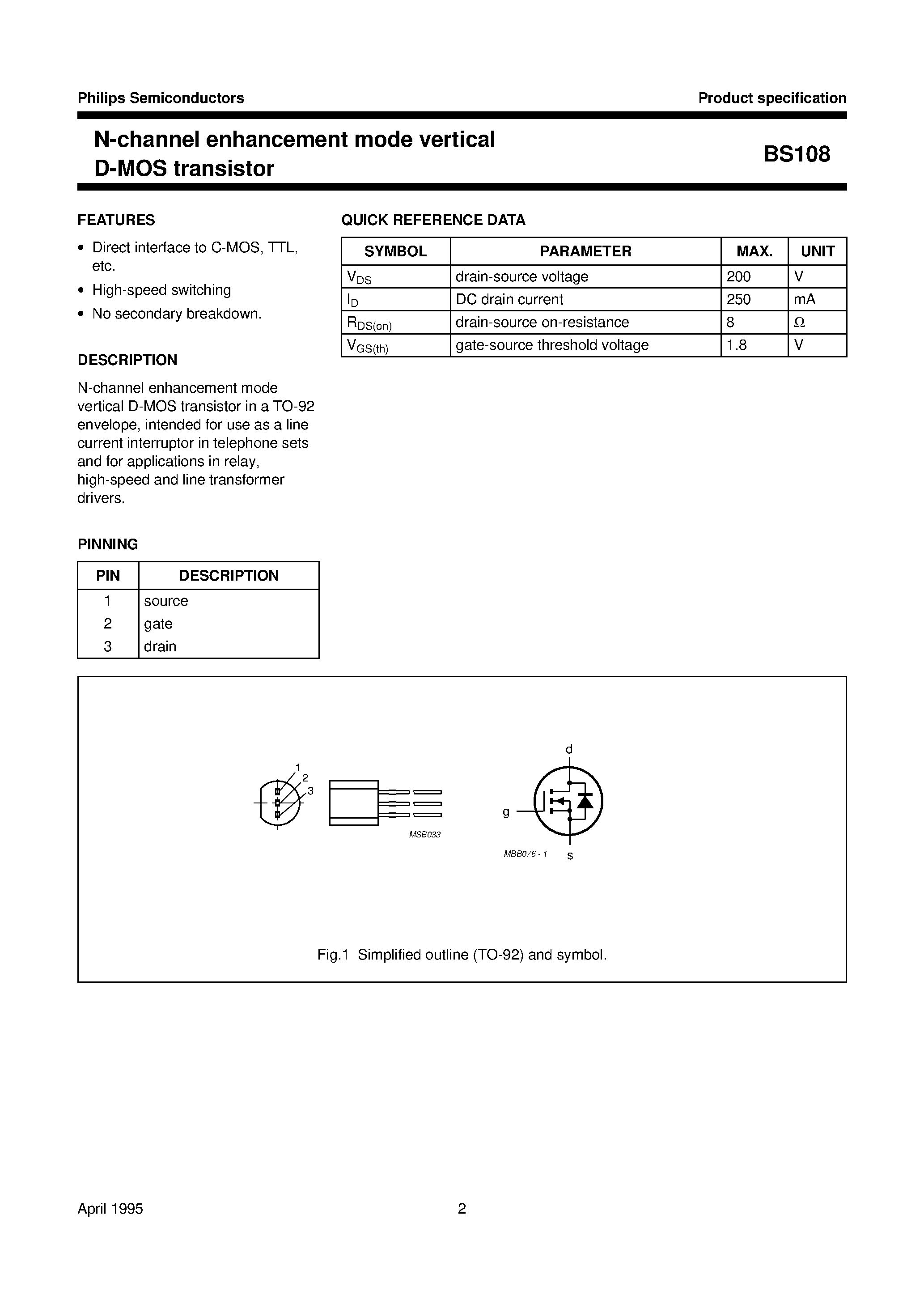 Даташит на микросхему BS108 страница 2 Даташит BS108 - N-channel enhancement mode vertical D-MOS transistor страница 2
