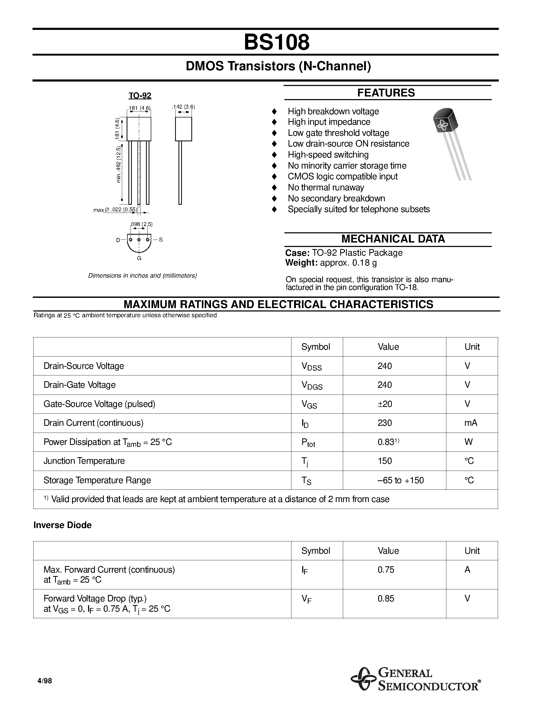 Даташит BS108 - DMOS Transistors (N-Channel) страница 1