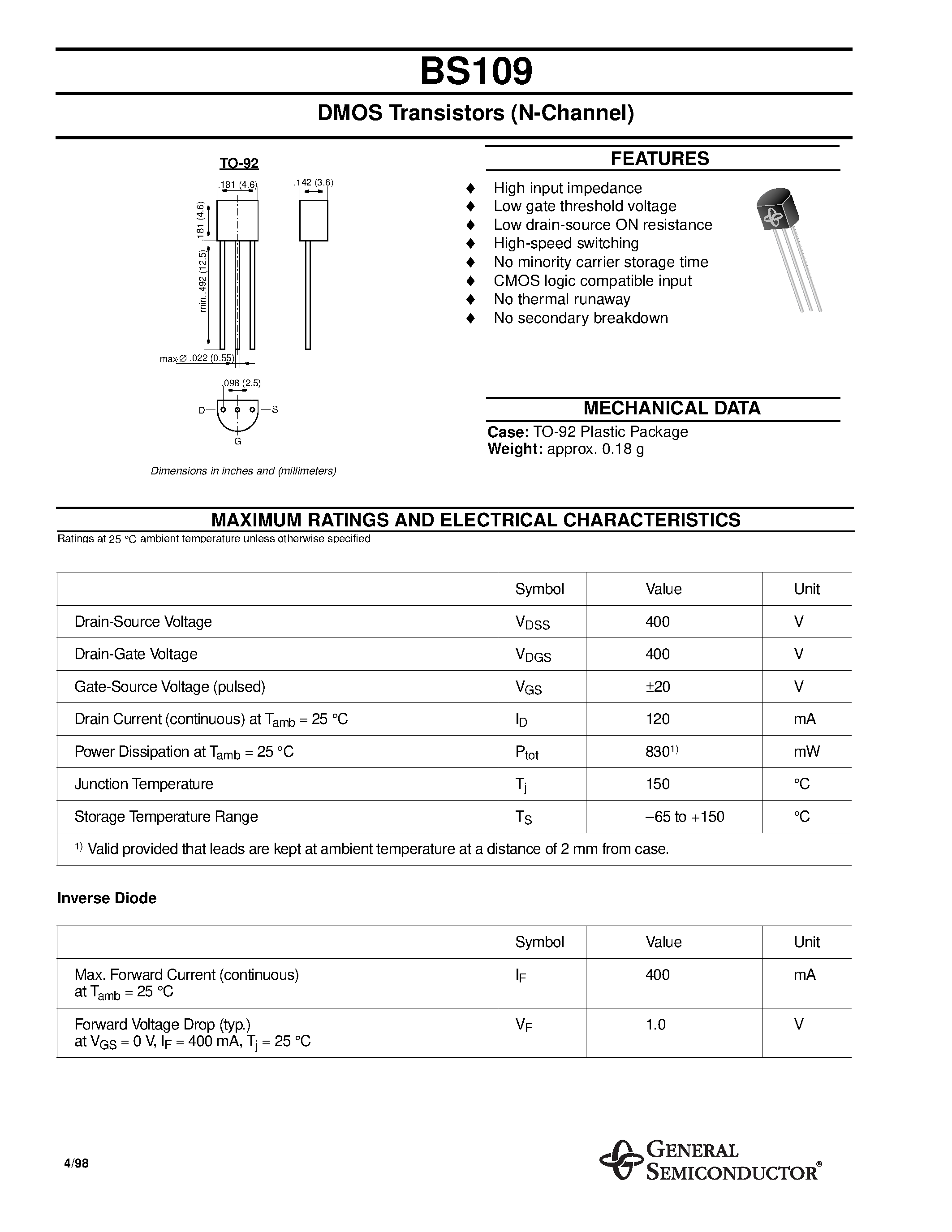 Даташит BS109 - DMOS Transistors (N-Channel) страница 1