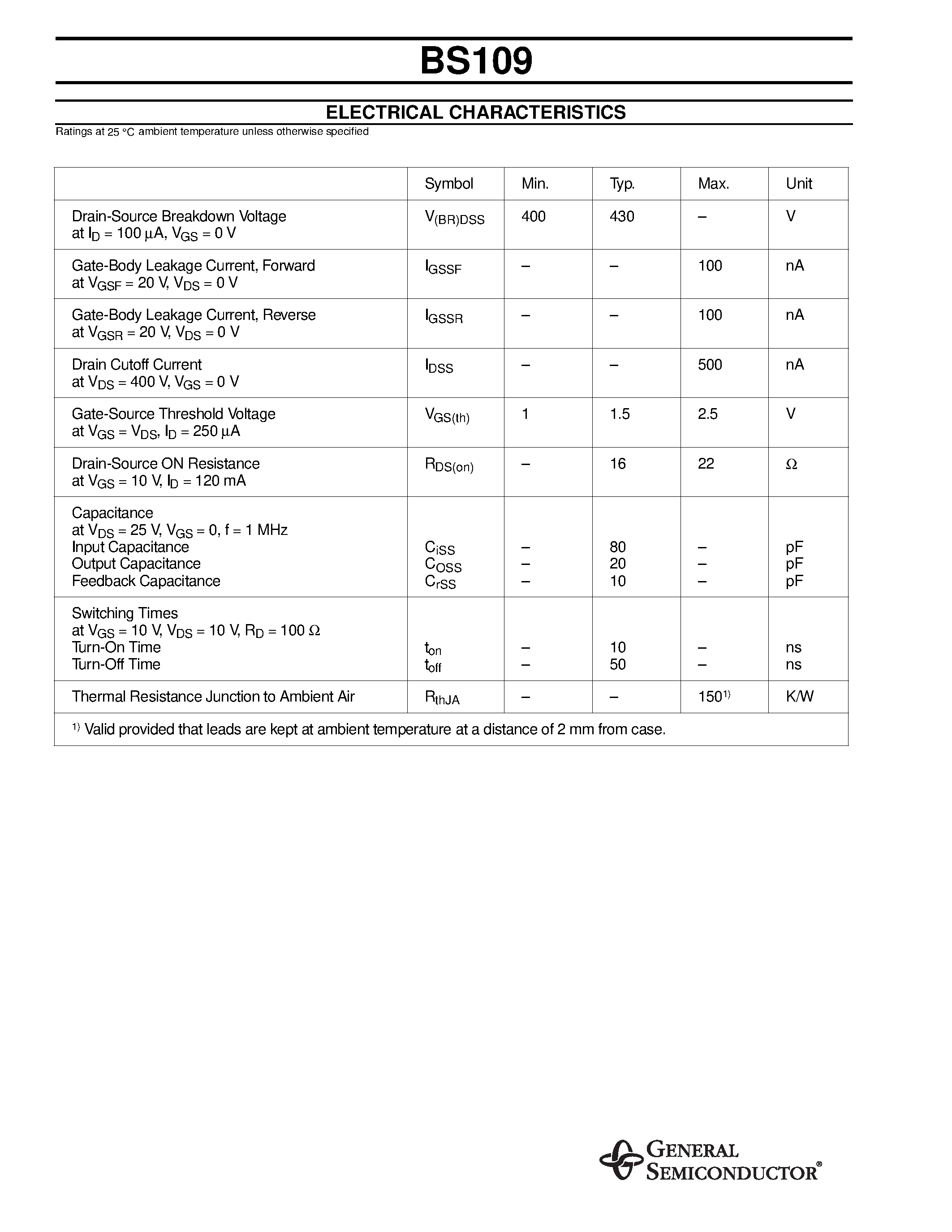 Даташит BS109 - DMOS Transistors (N-Channel) страница 2