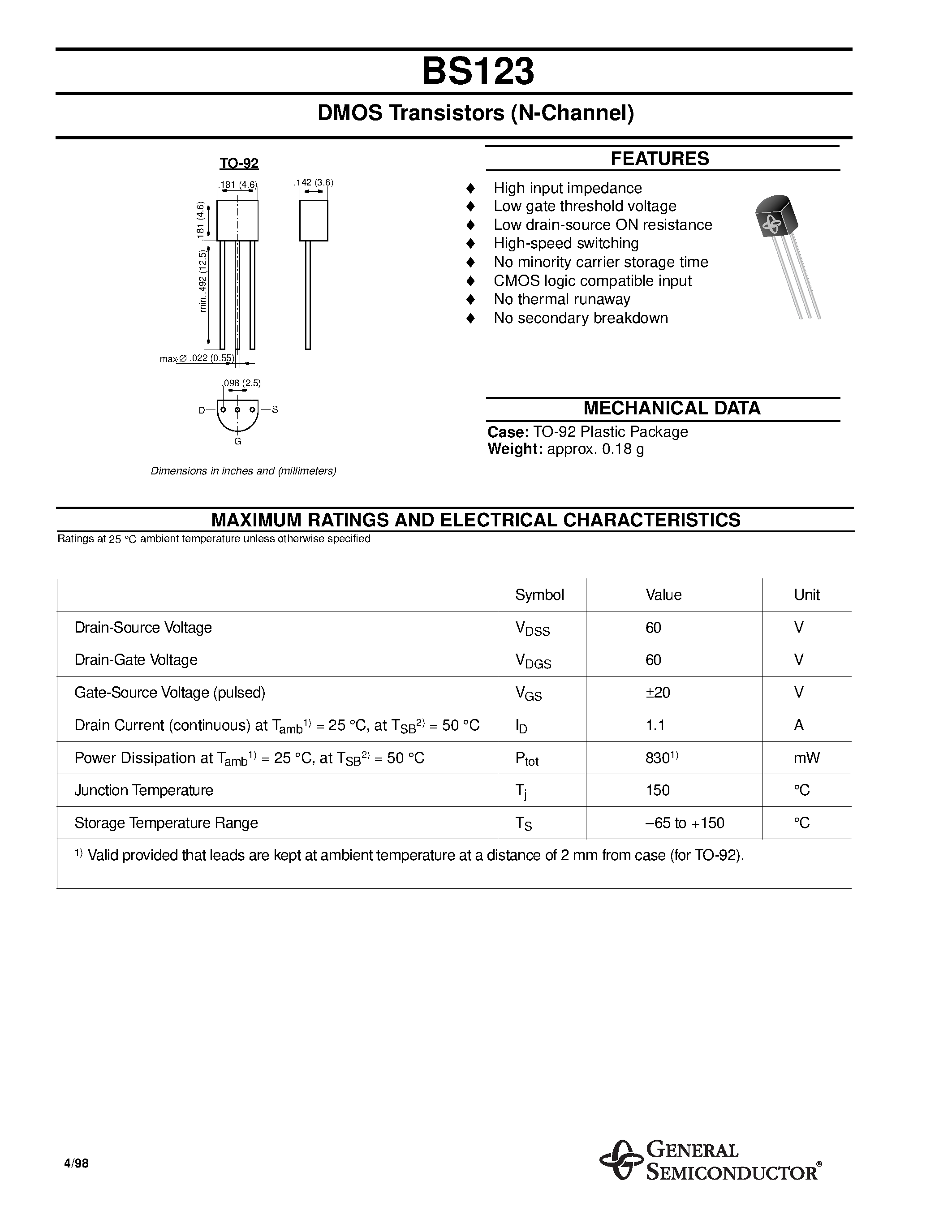 Даташит BS123 - DMOS Transistors (N-Channel) страница 1