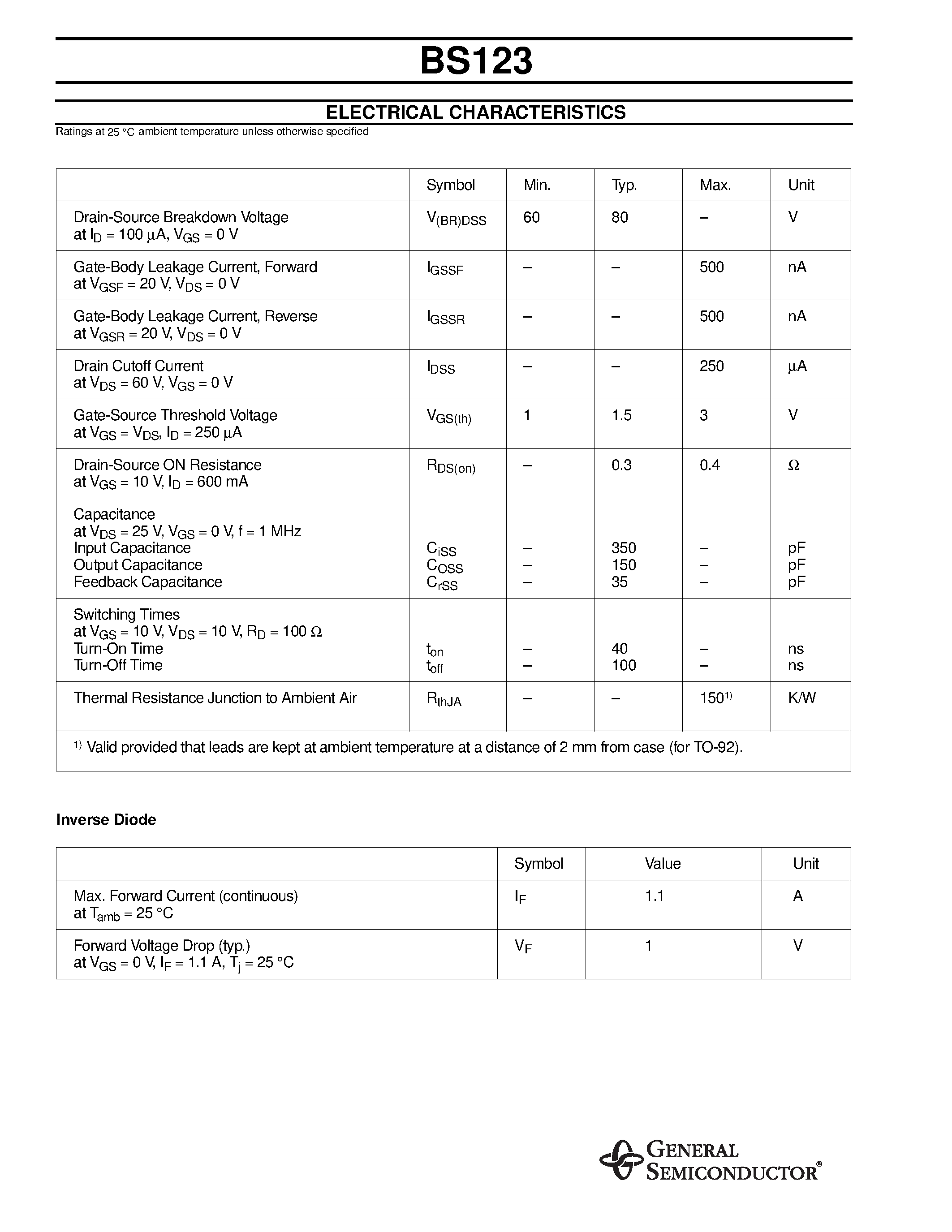 Даташит BS123 - DMOS Transistors (N-Channel) страница 2