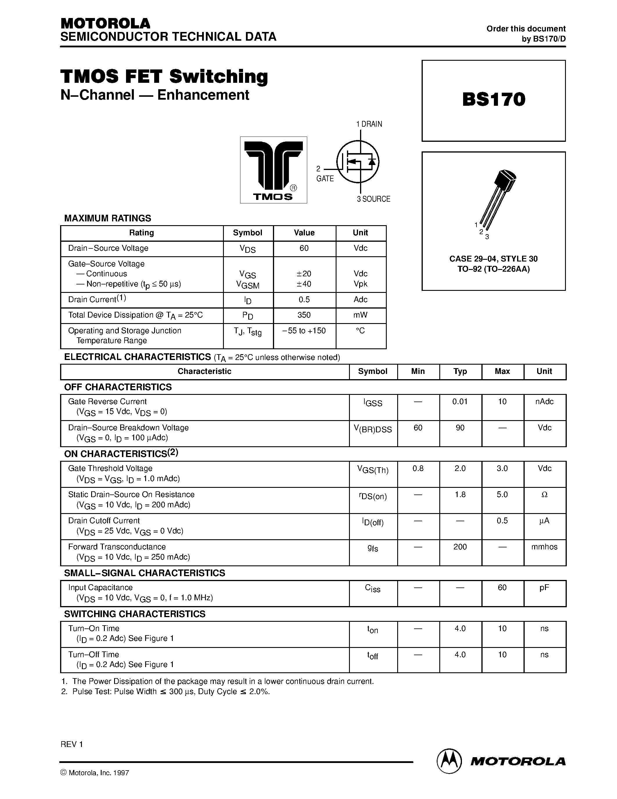 Datasheet BS170 - TMOS FET Switching(N-Channel-Enhancement) page 1