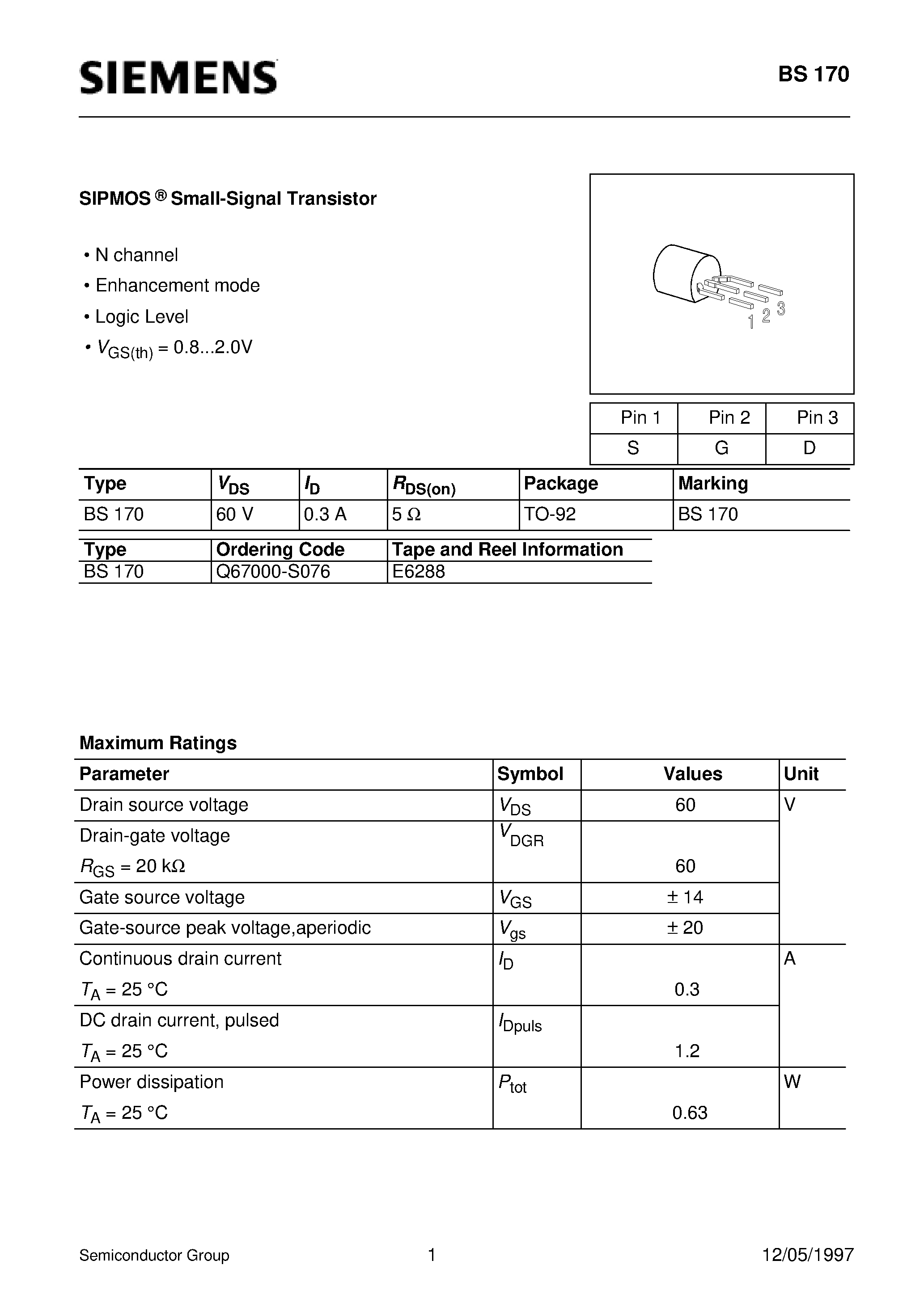 Datasheet BS170 - SIPMOS Small-Signal Transistor (N channel Enhancement mode Logic Level) page 1