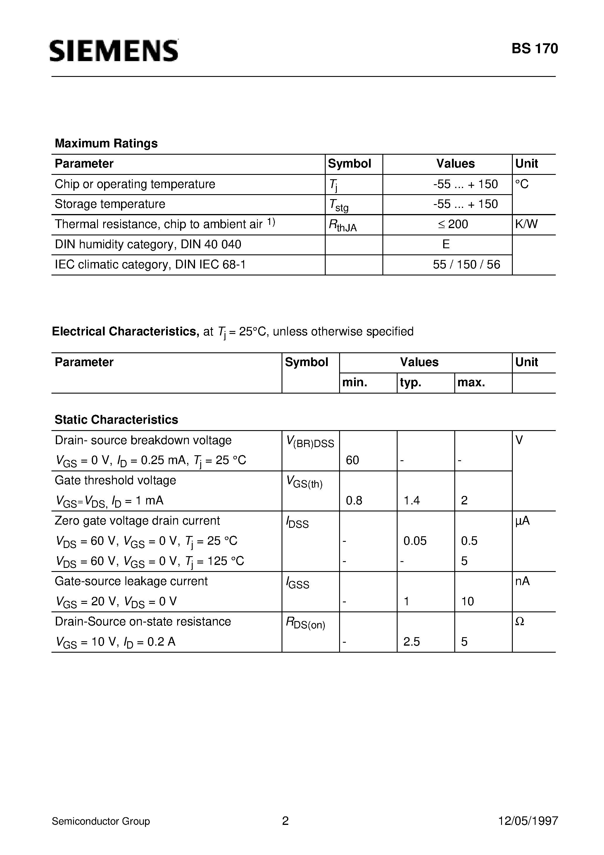 Datasheet BS170 - SIPMOS Small-Signal Transistor (N channel Enhancement mode Logic Level) page 2