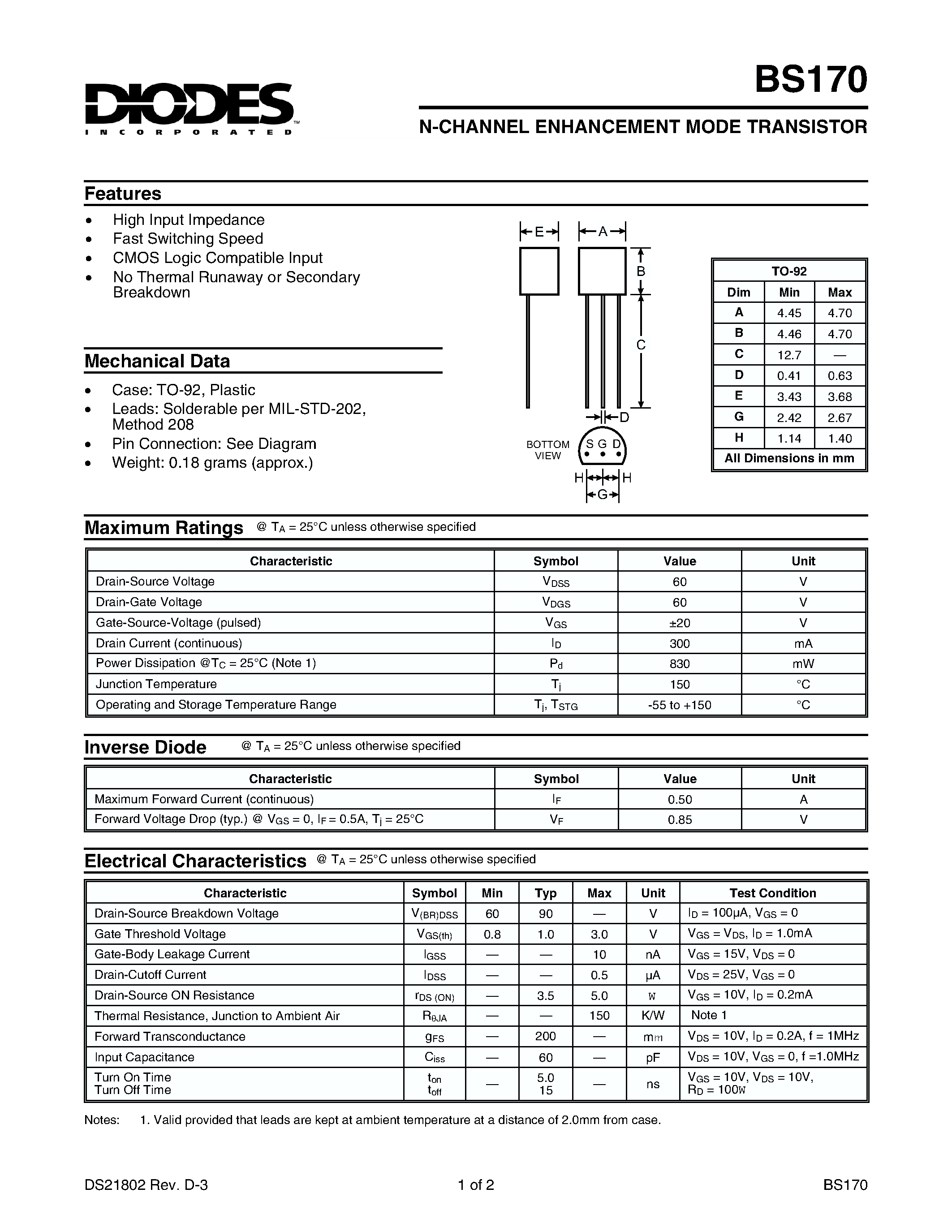 Даташит BS170 - N-CHANNEL ENHANCEMENT MODE TRANSISTOR страница 1