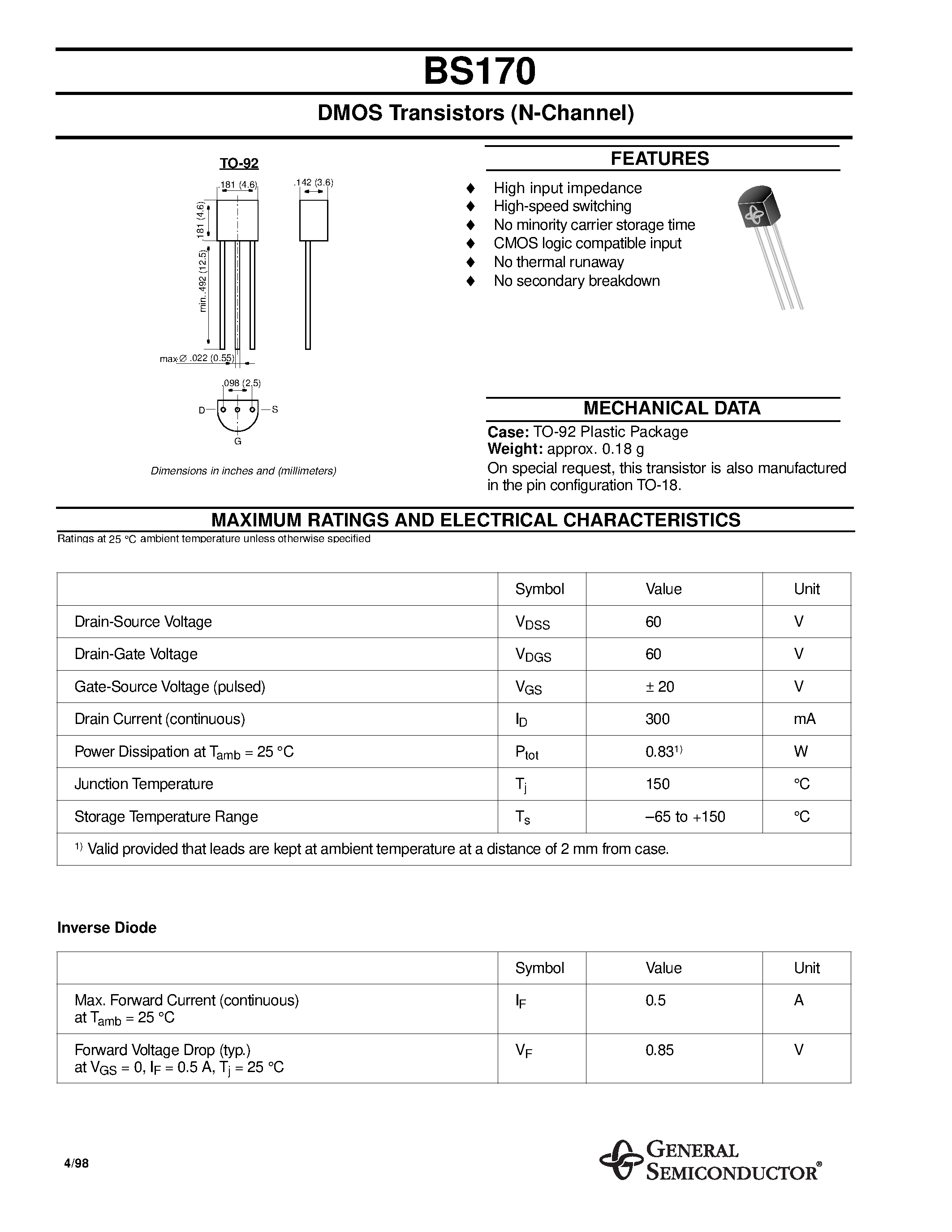 Даташит на микросхему BS170 страница 1 Даташит BS170 - DMOS Transistors (N-Channel) страница 1