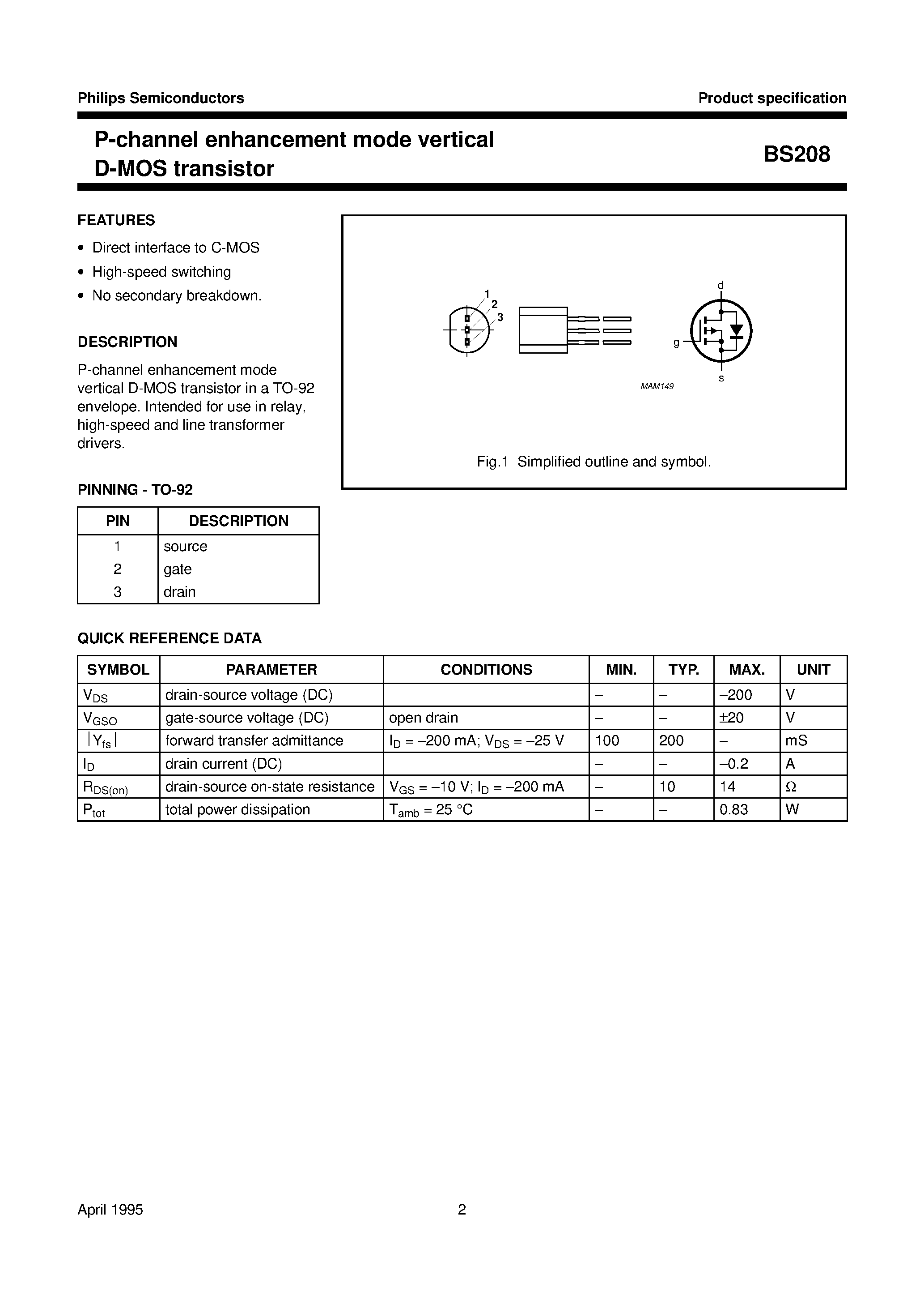 Даташит на микросхему BS208 страница 2 Даташит BS208 - P-channel enhancement mode vertical D-MOS transistor страница 2