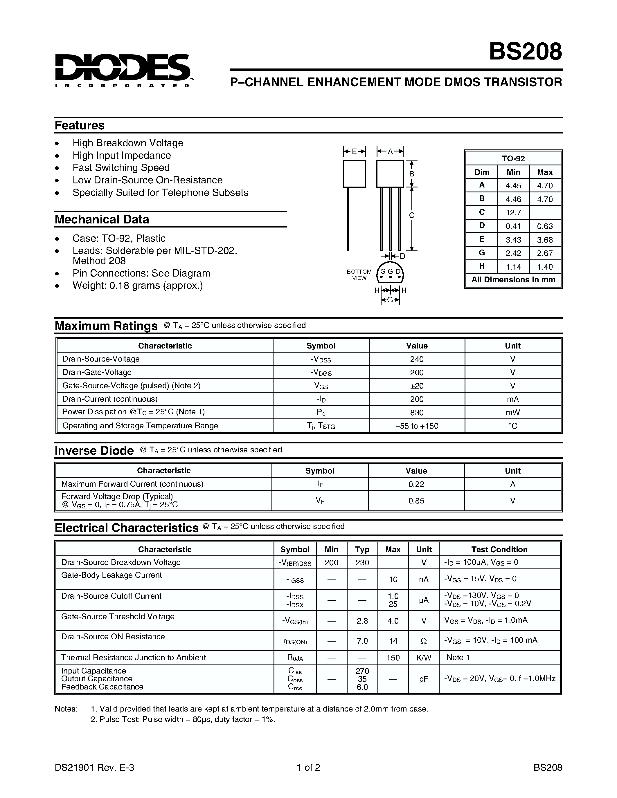 Datasheet BS208 - P-CHANNEL ENHANCEMENT MODE DMOS TRANSISTOR page 1