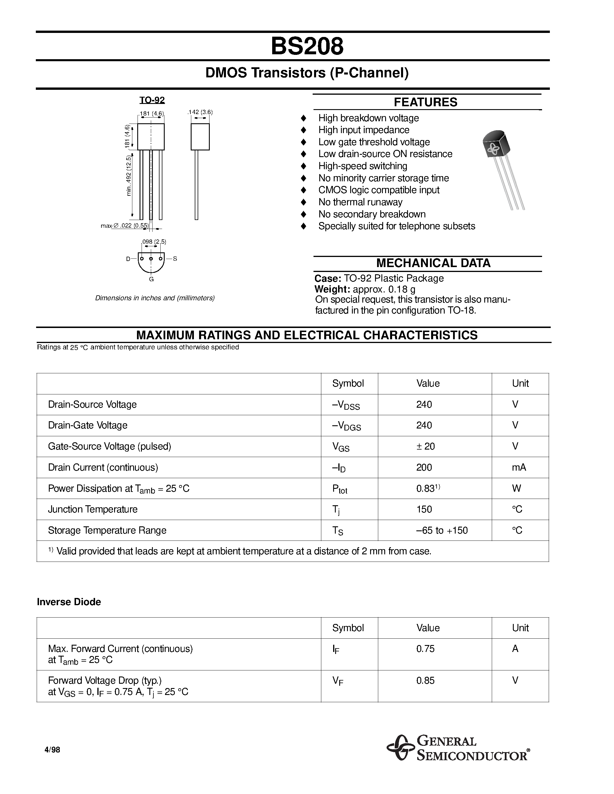 Datasheet BS208 - DMOS Transistors (P-Channel) page 1