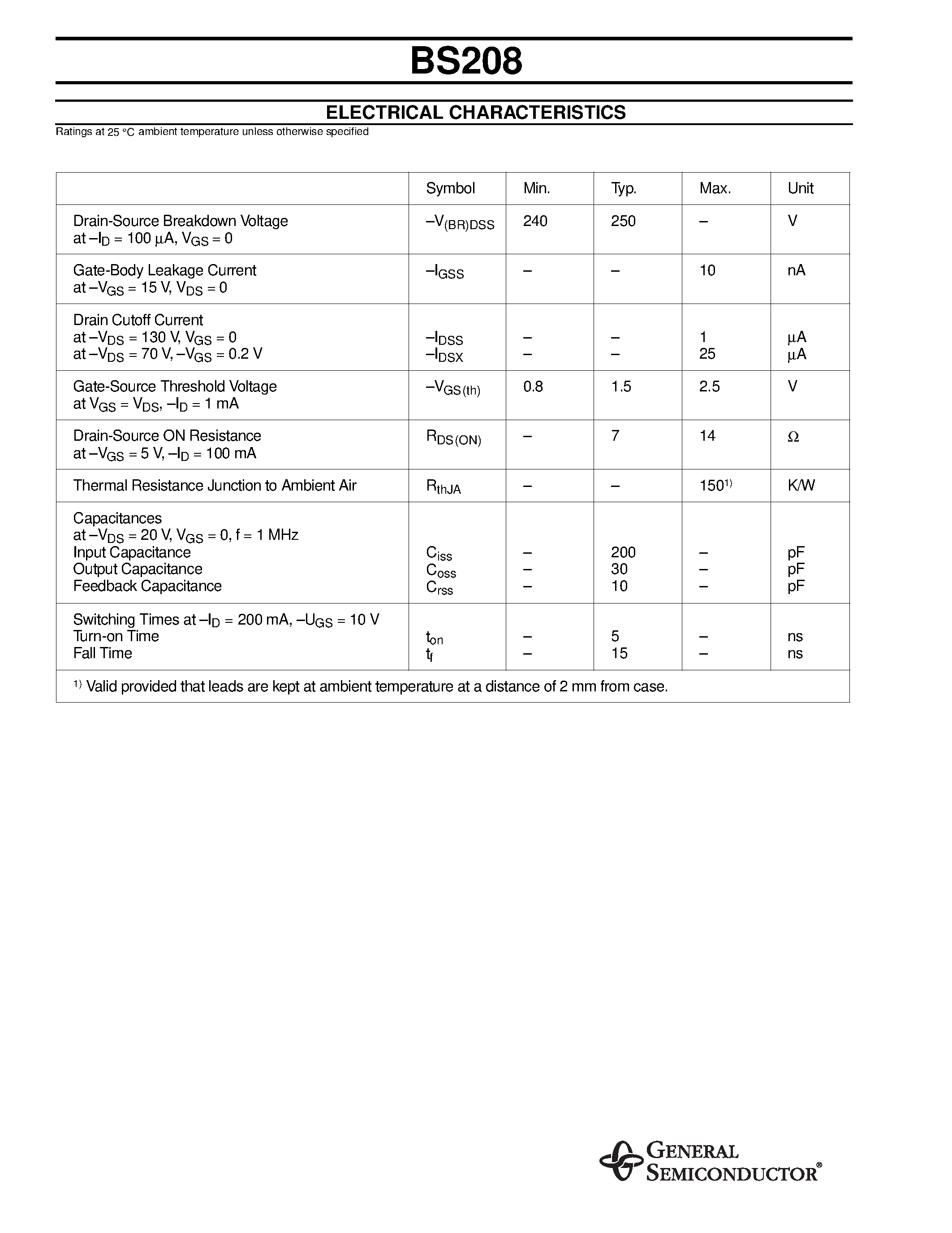 Datasheet BS208 - DMOS Transistors (P-Channel) page 2