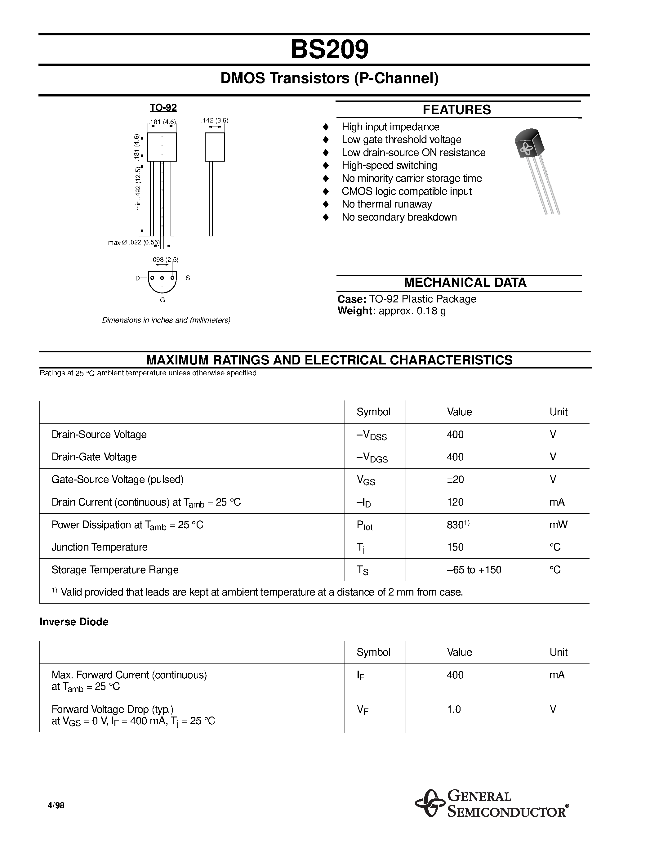 Datasheet BS209 - DMOS Transistors (P-Channel) page 1