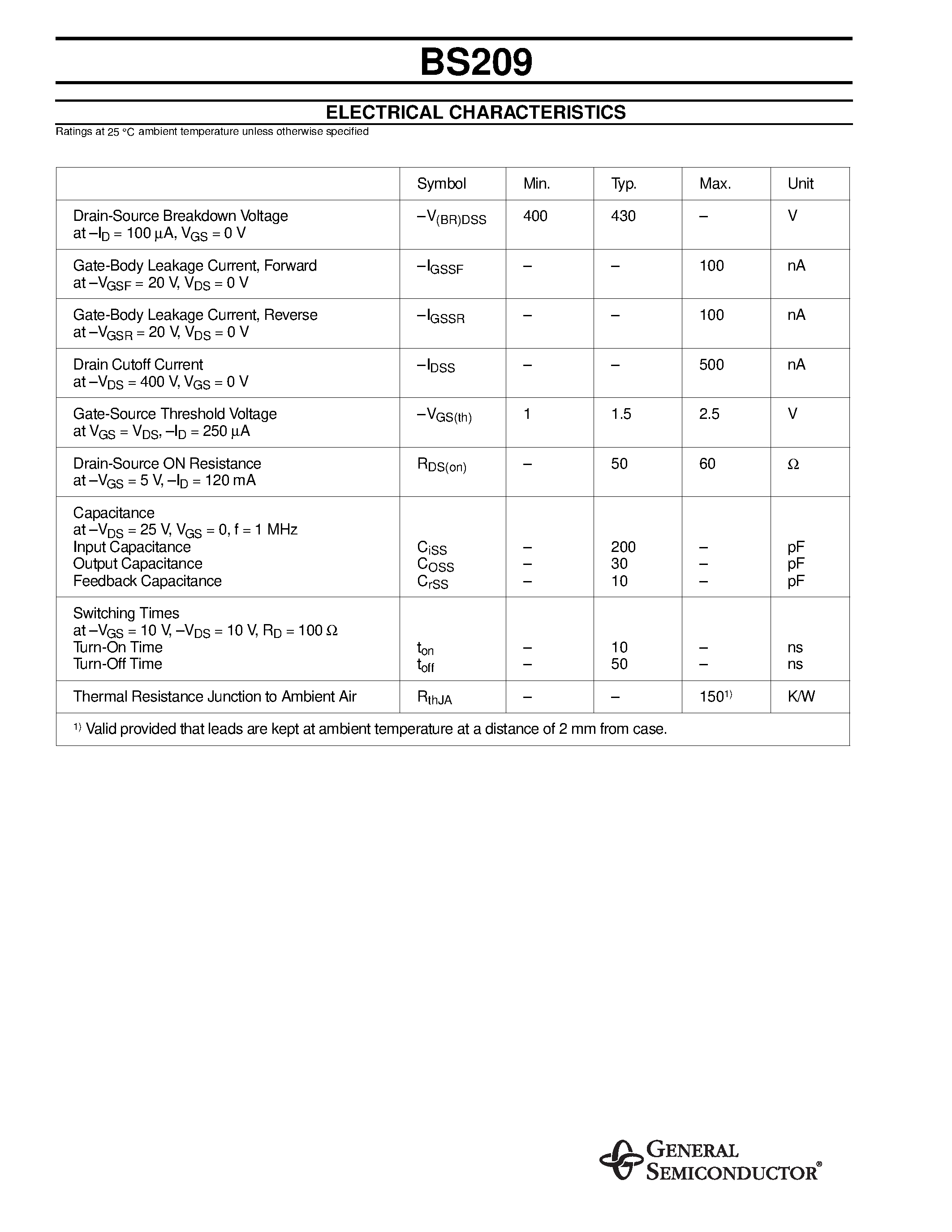 Datasheet BS209 - DMOS Transistors (P-Channel) page 2